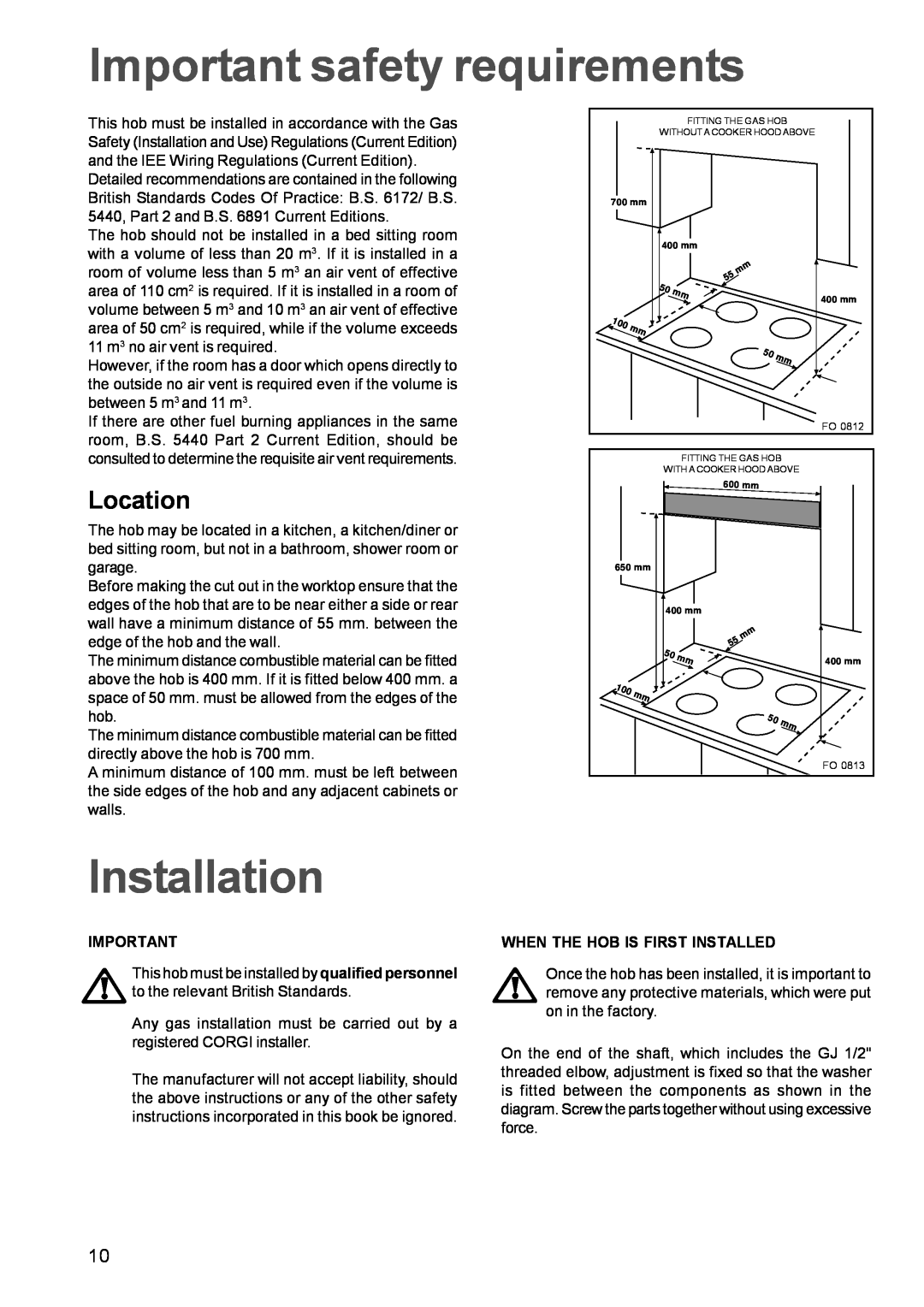 Electrolux EHG 680 manual Important safety requirements, Installation, Location 
