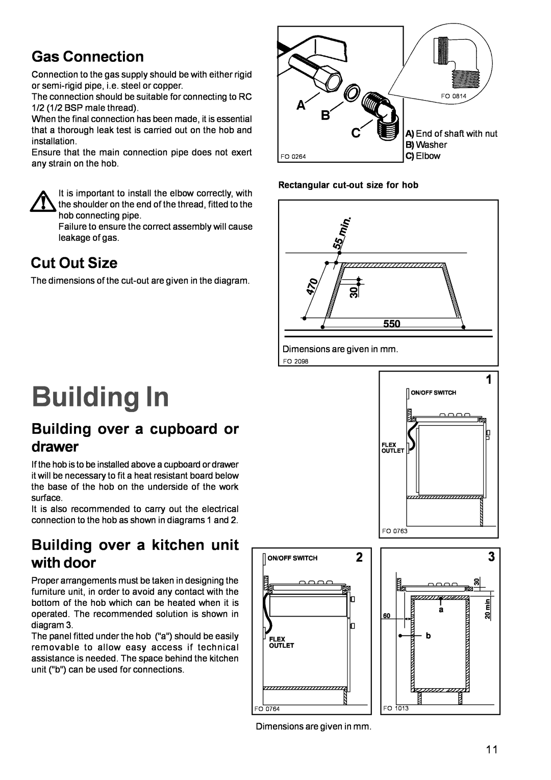 Electrolux EHG 680 manual Building In, Gas Connection, Cut Out Size, Building over a cupboard or drawer, 470 550 
