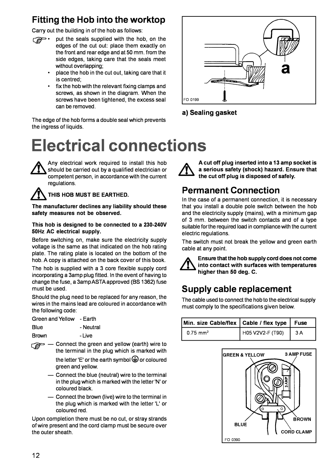 Electrolux EHG 680 manual Electrical connections, Fitting the Hob into the worktop, Permanent Connection, a Sealing gasket 
