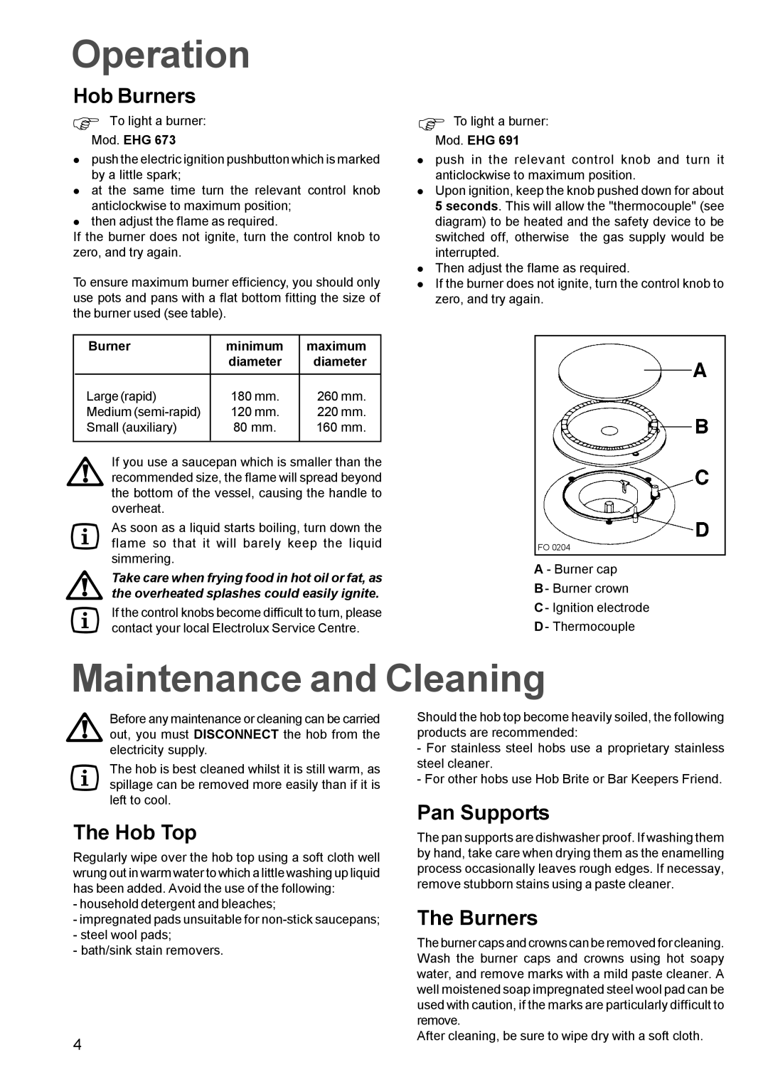 Electrolux EHG 691, EHG 673 manual Operation, Maintenance and Cleaning 