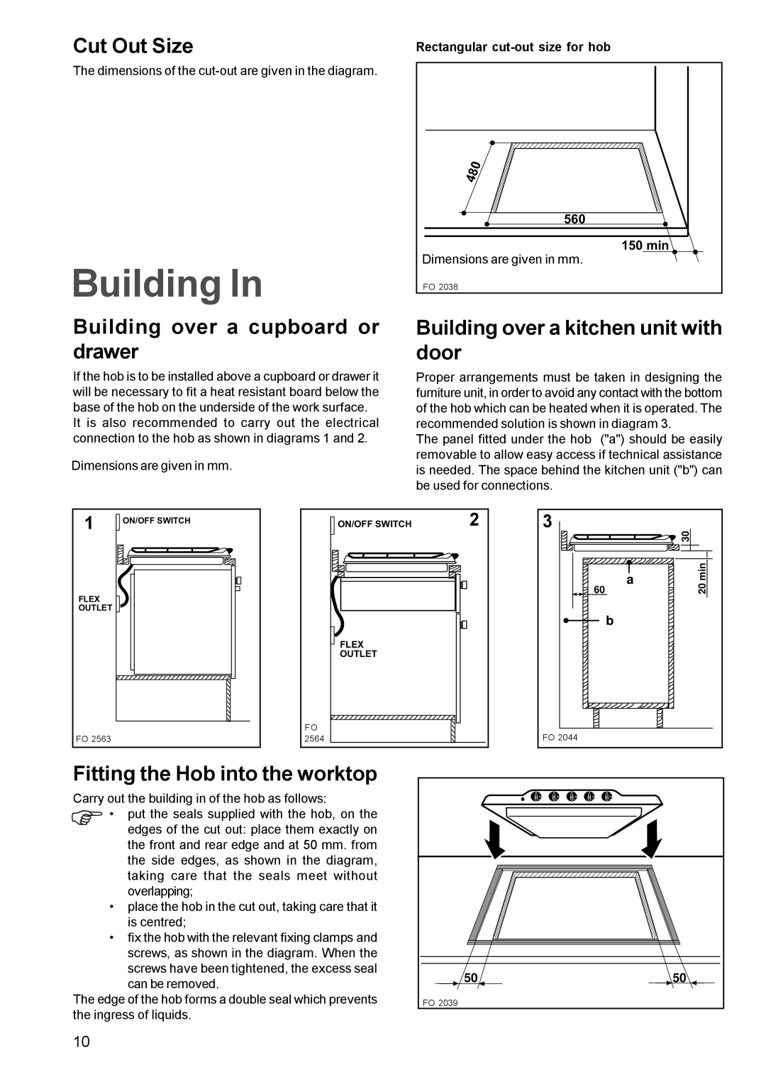 Electrolux EHG 770 manual Cut Out Size, Building over a cupboard or drawer, Building over a kitchen unit with door 