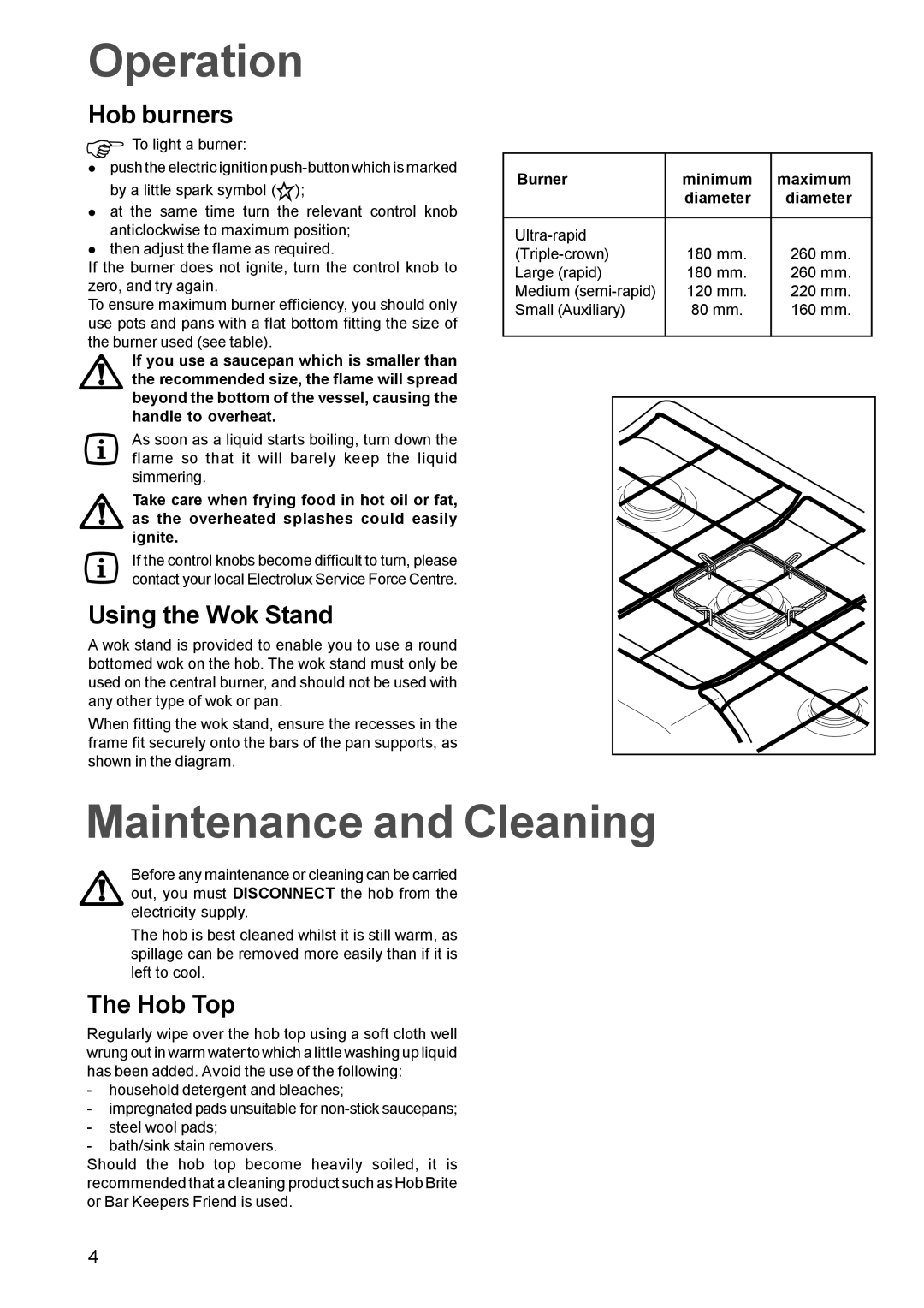 Electrolux EHG 770 manual Operation, Maintenance and Cleaning, Hob burners, Using the Wok Stand, Hob Top 