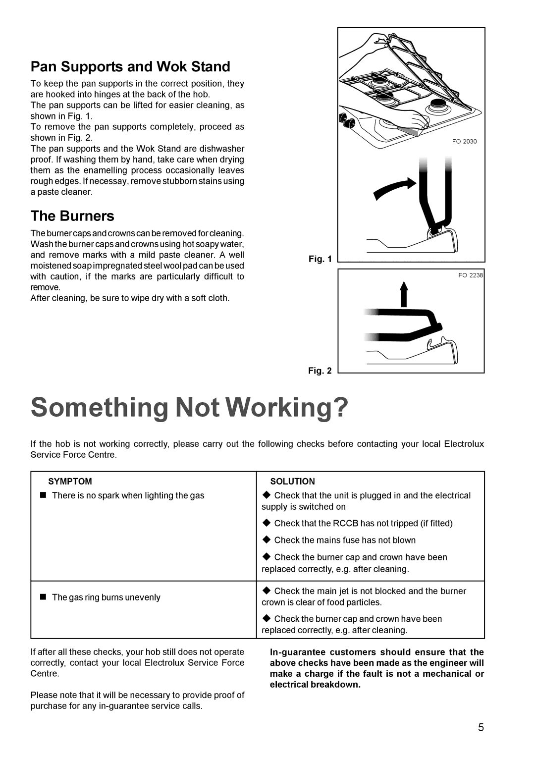 Electrolux EHG 770 manual Something Not Working?, Pan Supports and Wok Stand, Burners, Symptom Solution 