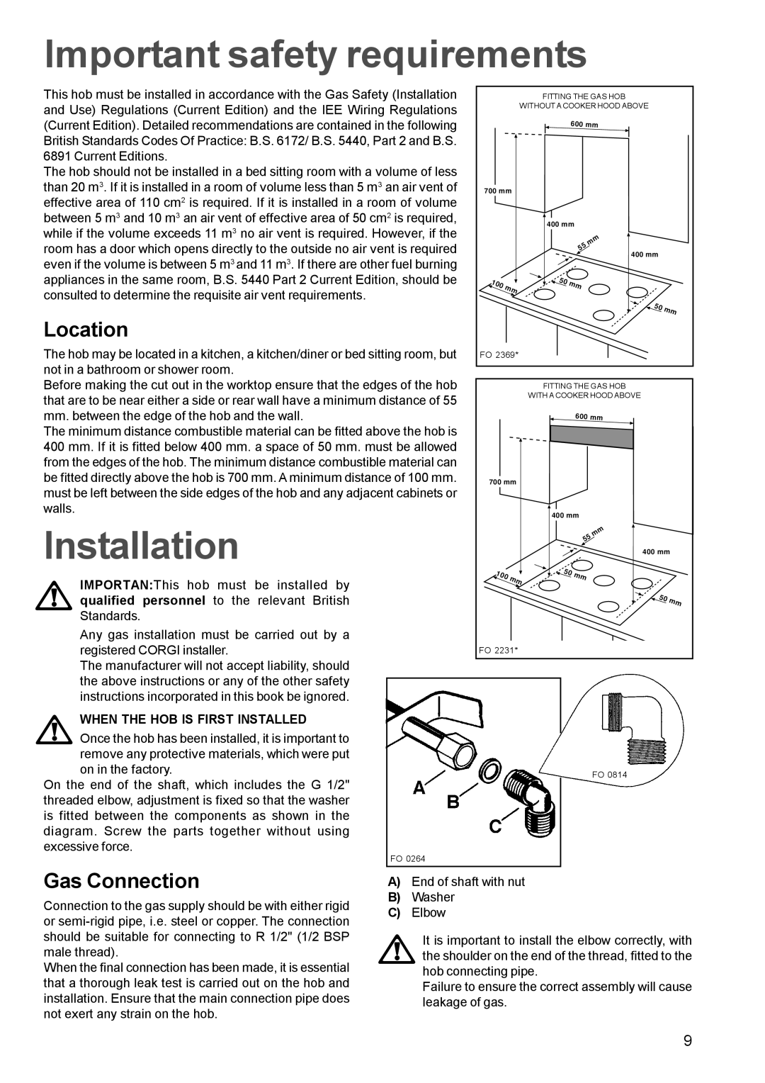 Electrolux EHG 770 Important safety requirements, Installation, Location, Gas Connection, When the HOB is First Installed 