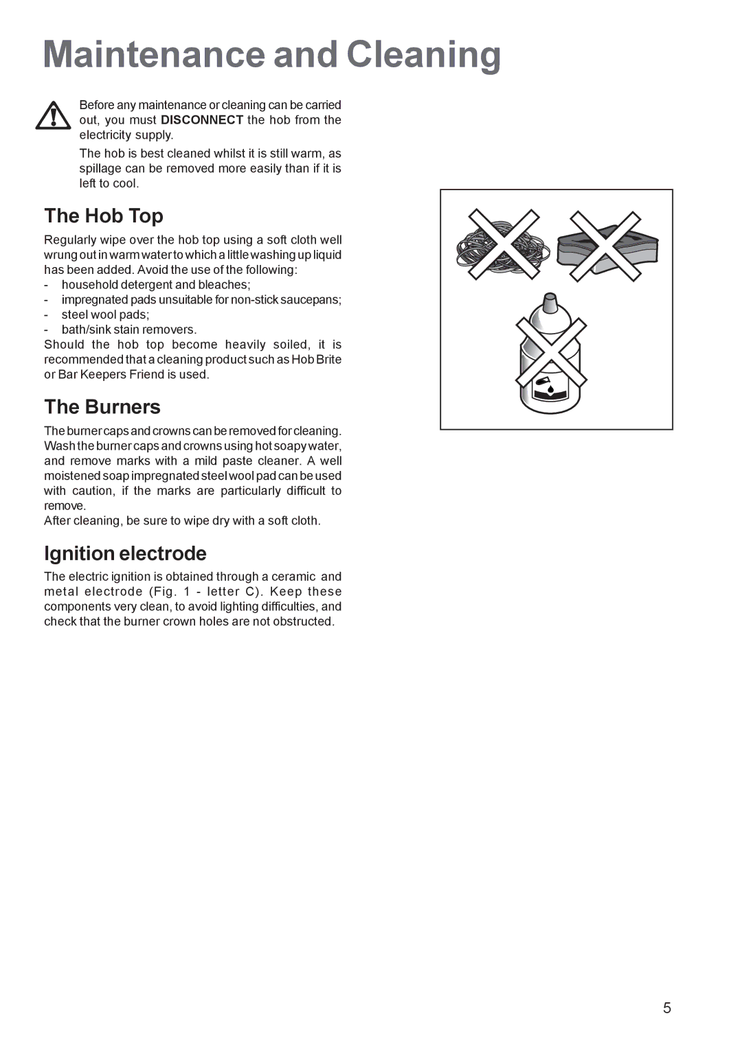 Electrolux EHG 7763 manual Maintenance and Cleaning, Hob Top, Burners, Ignition electrode 