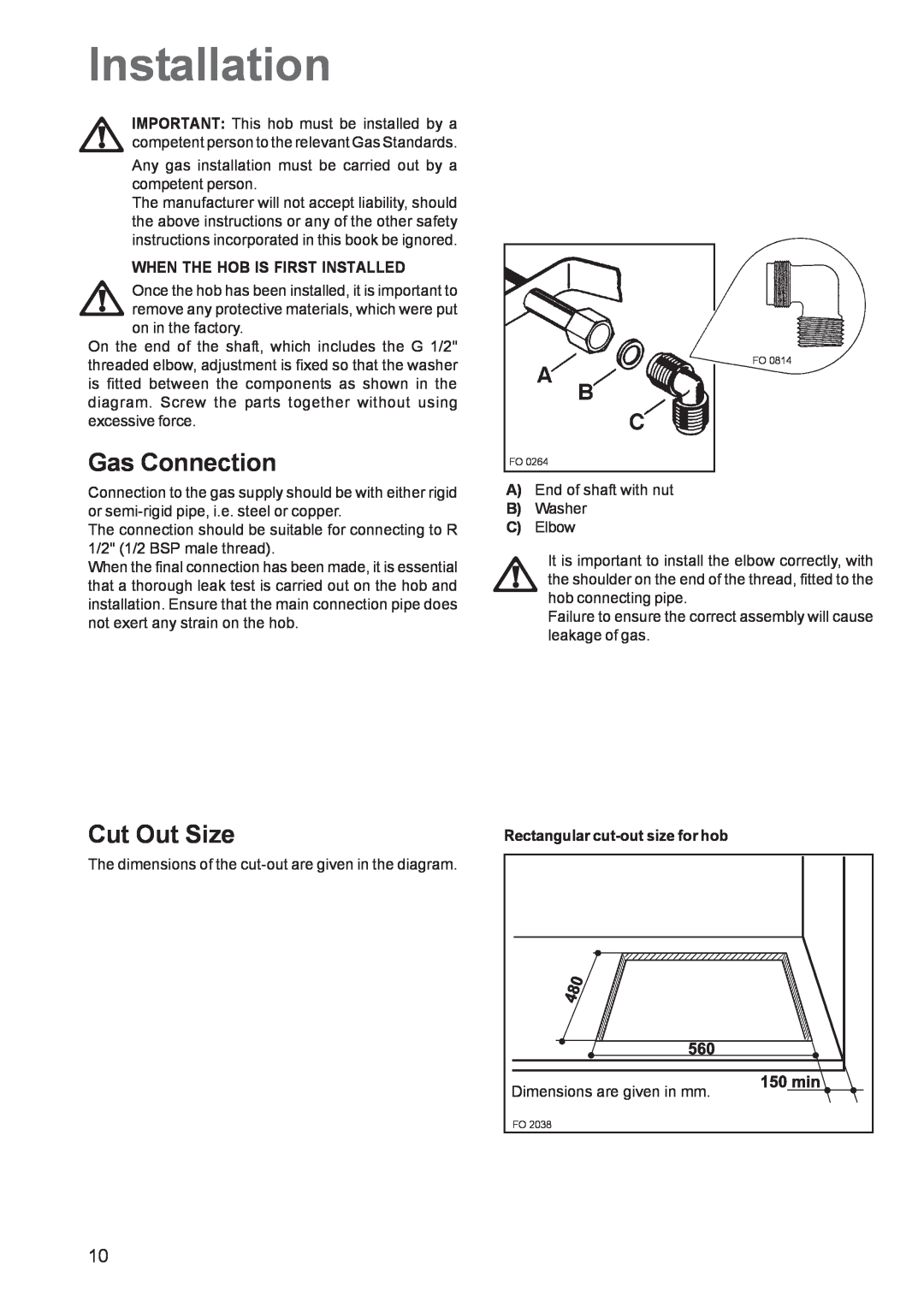Electrolux EHG 7763 manual Installation, Gas Connection, Cut Out Size 