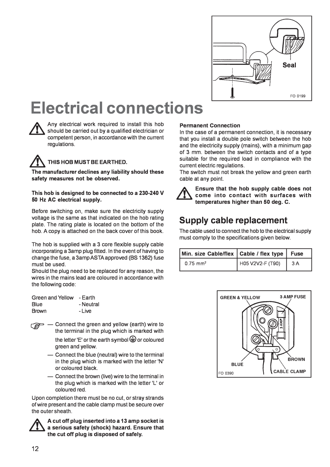 Electrolux EHG 7763 manual Electrical connections, Supply cable replacement, aSeal 