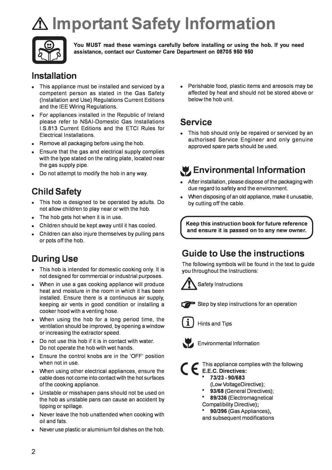 Electrolux EHG 7763 manual Important Safety Information, Installation, Child Safety, Service, Environmental Information 