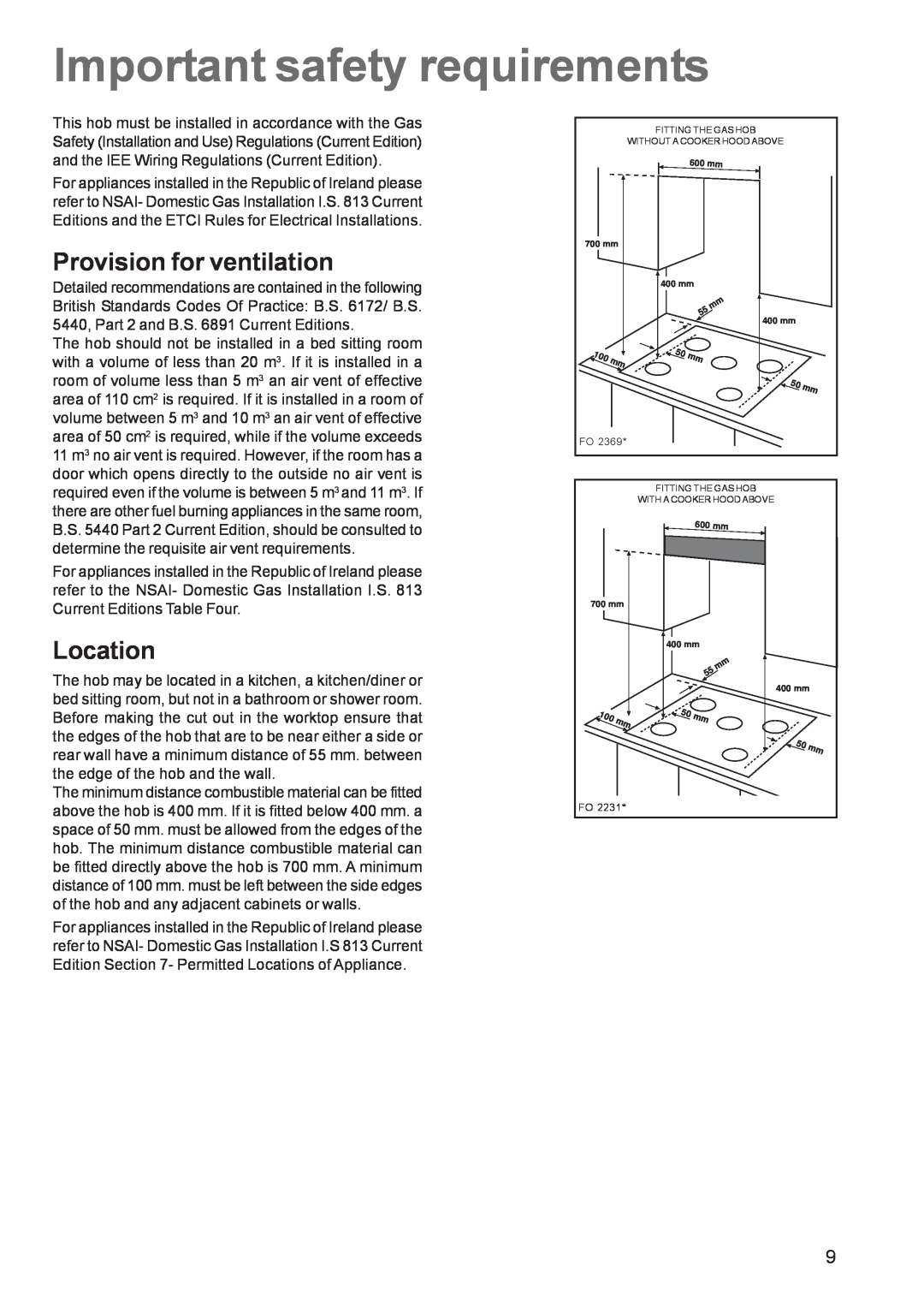 Electrolux EHG 7763 manual Important safety requirements, Provision for ventilation, Location 