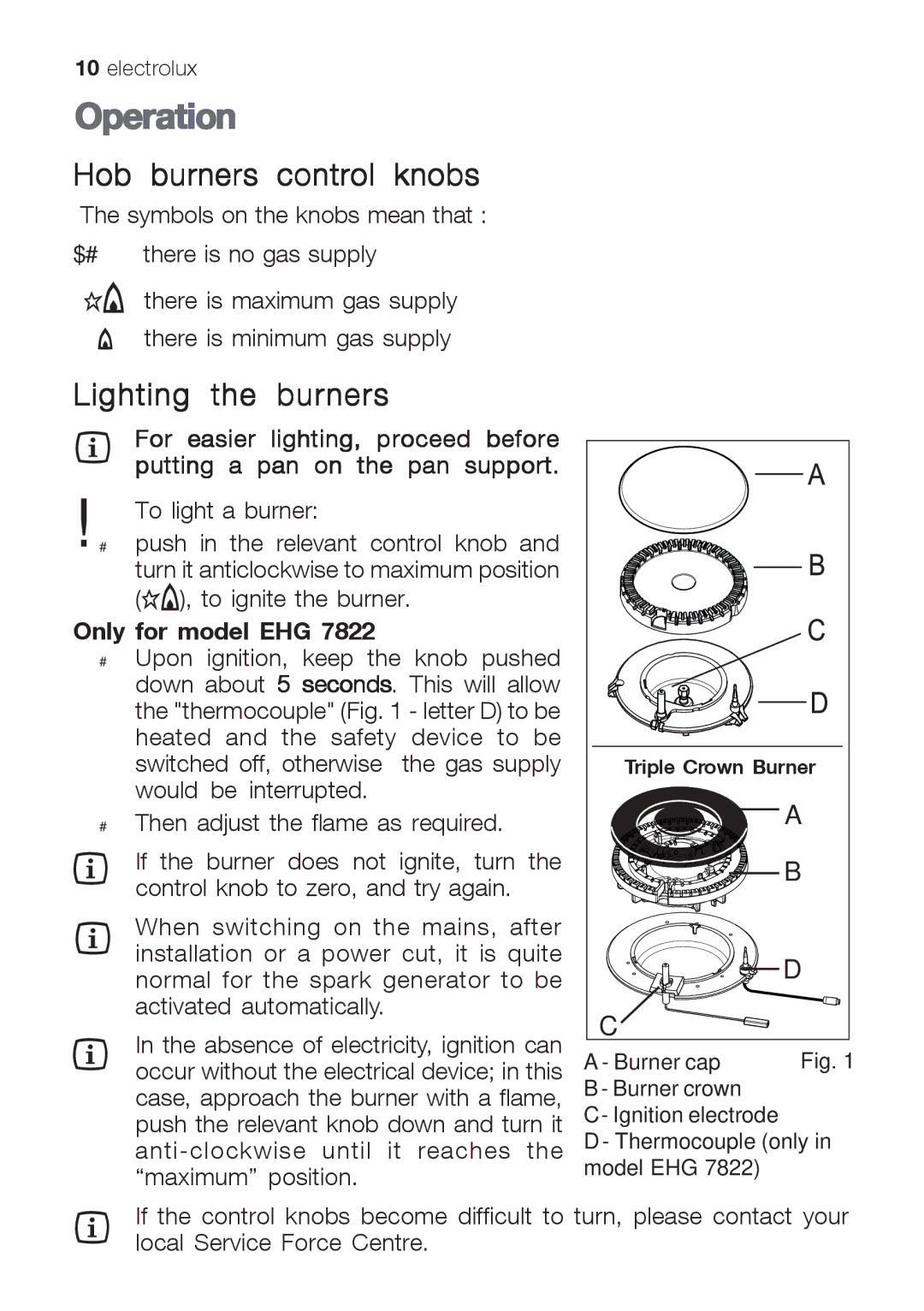 Electrolux EHG 7812, EHG 7822 manual Operation, Hob burners control knobs, Lighting the burners, Only for model EHG 