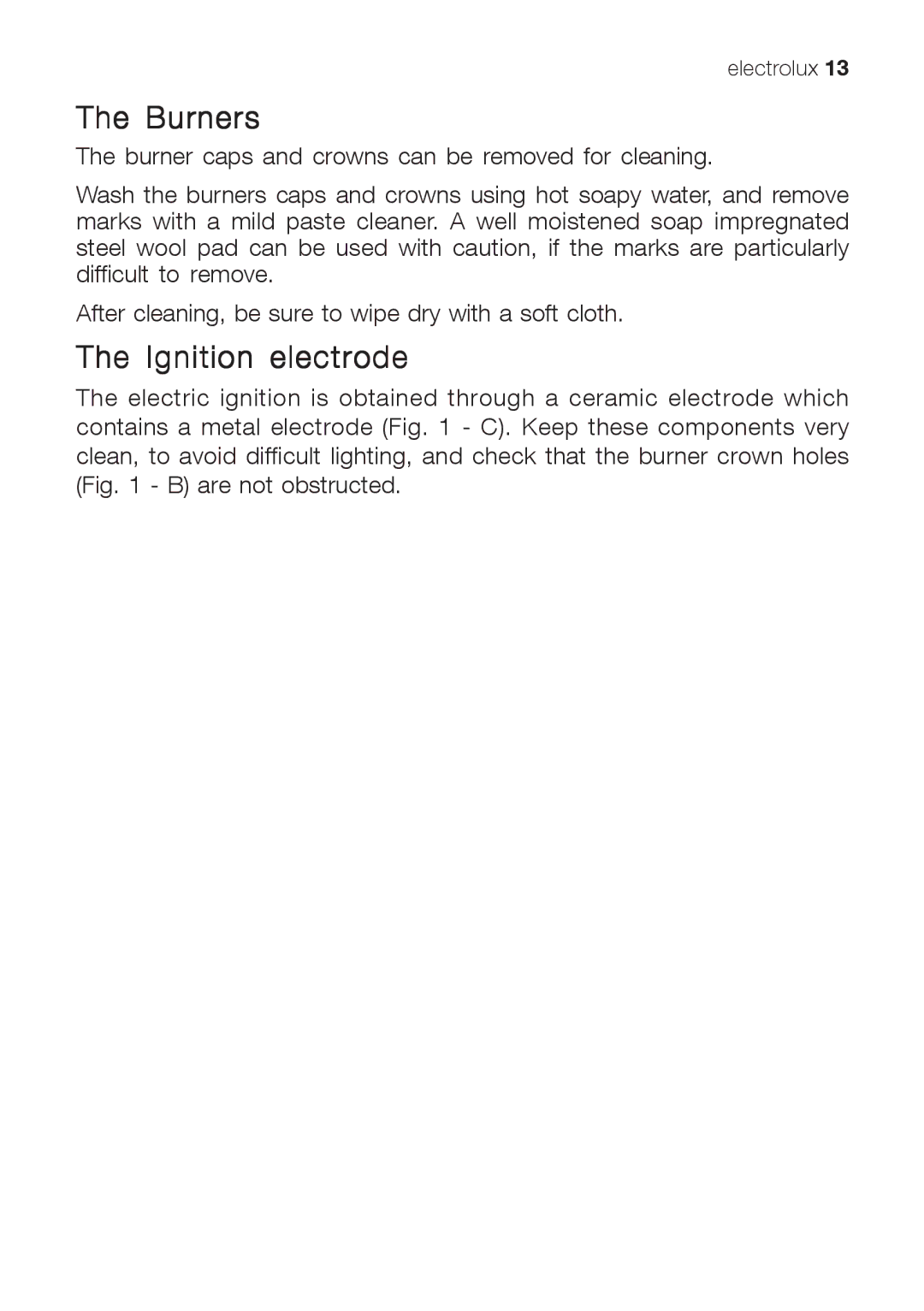 Electrolux EHG 7822, EHG 7812 manual Burners, Ignition electrode 