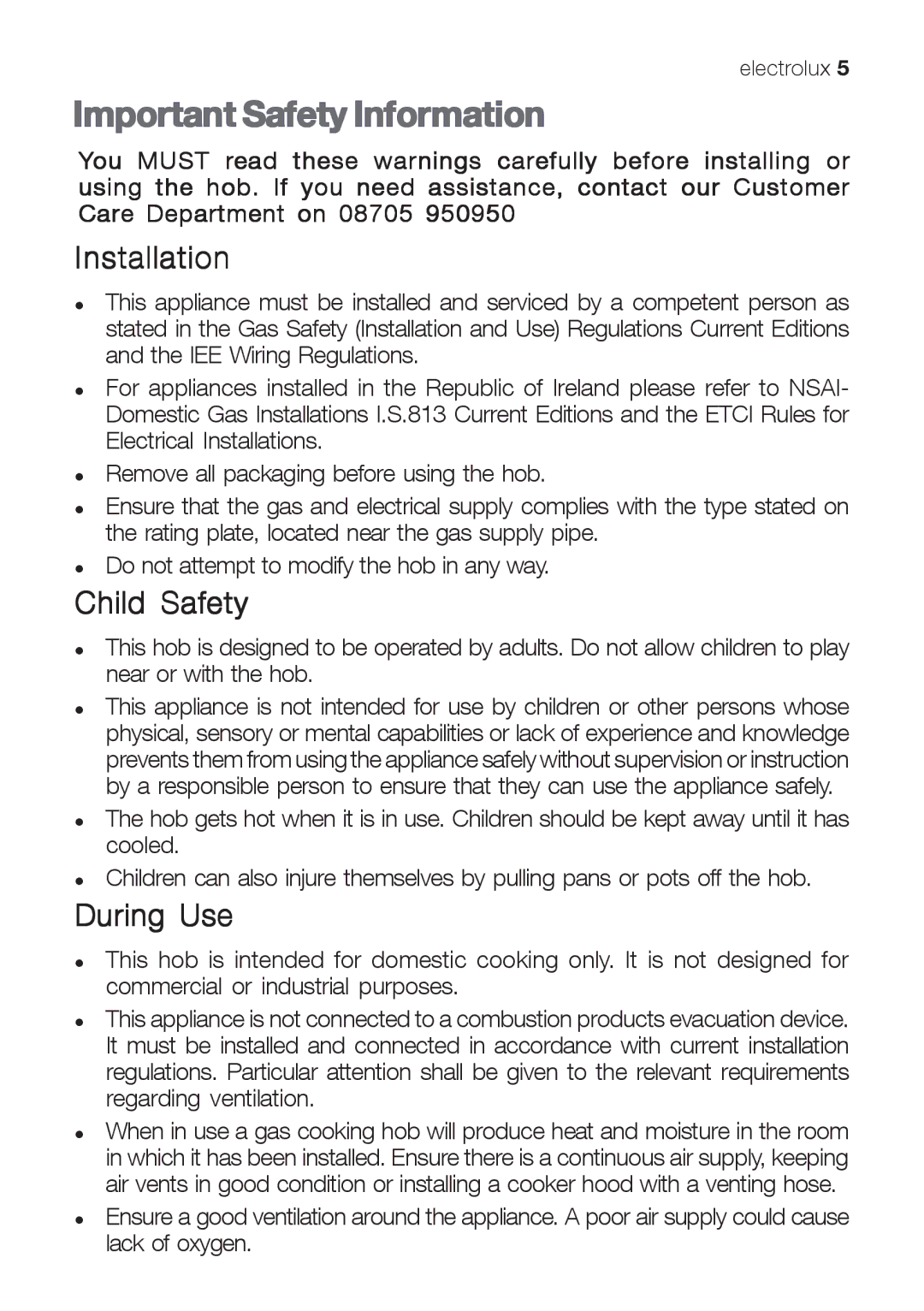 Electrolux EHG 7822, EHG 7812 manual Important Safety Information, Installation, Child Safety, During Use 