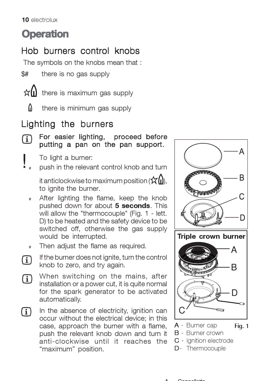 Electrolux EHG 9832 manual Operation, Hob burners control knobs, Lighting the burners, Triple crown burner 