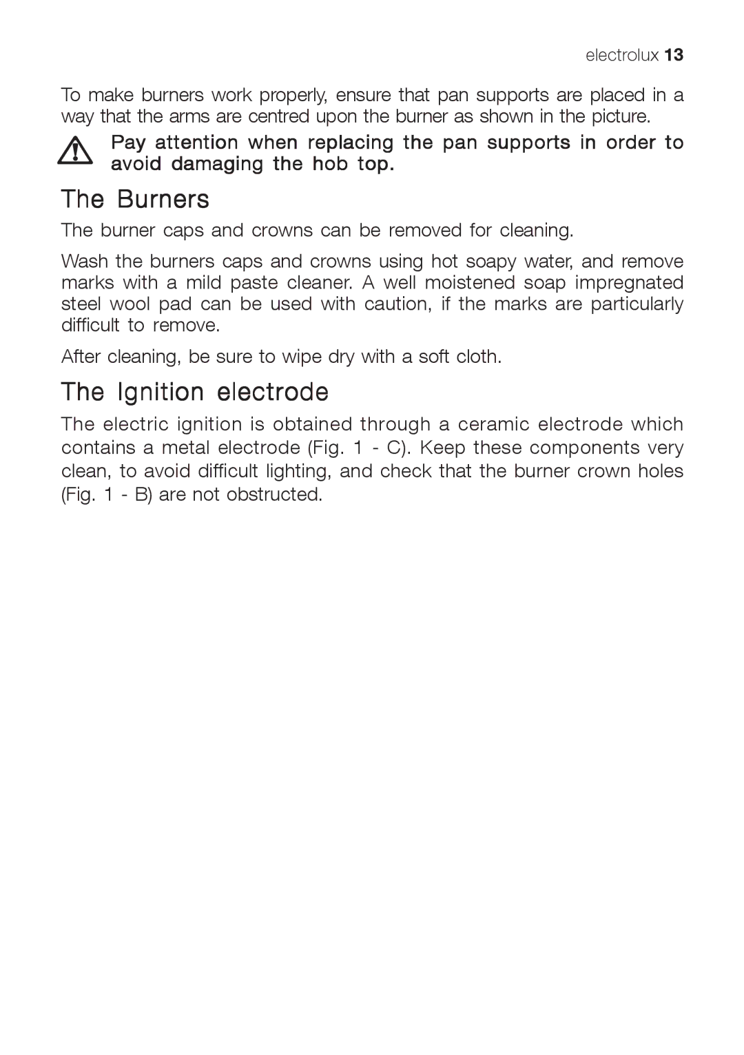 Electrolux EHG 9832 manual Burners, Ignition electrode 