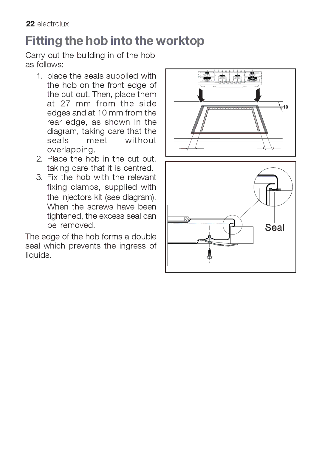 Electrolux EHG 9832 manual Fitting the hob into the worktop, Carry out the building in of the hob as follows 