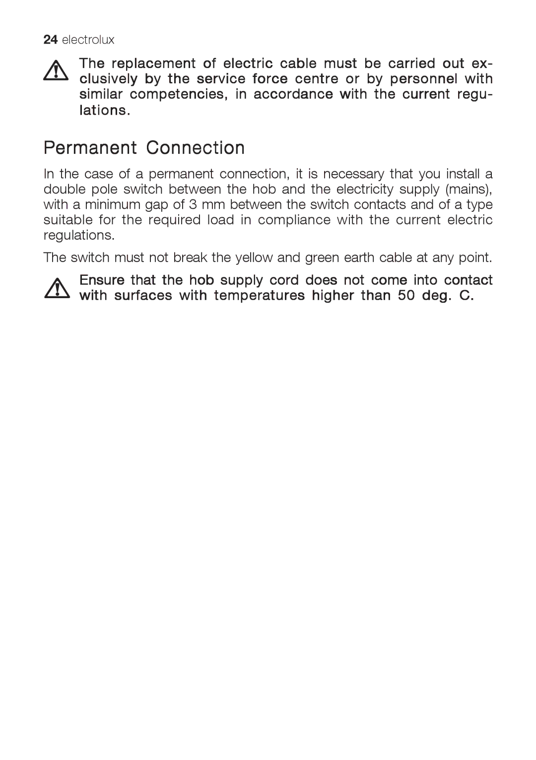 Electrolux EHG 9832 manual Permanent Connection 