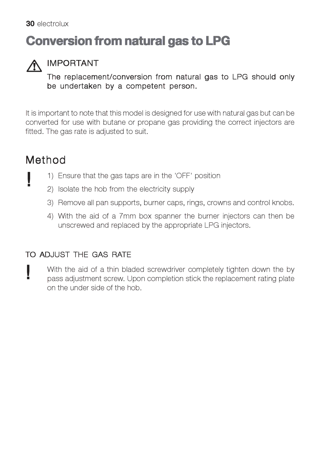 Electrolux EHG 9832 manual Conversion from natural gas to LPG, Method 