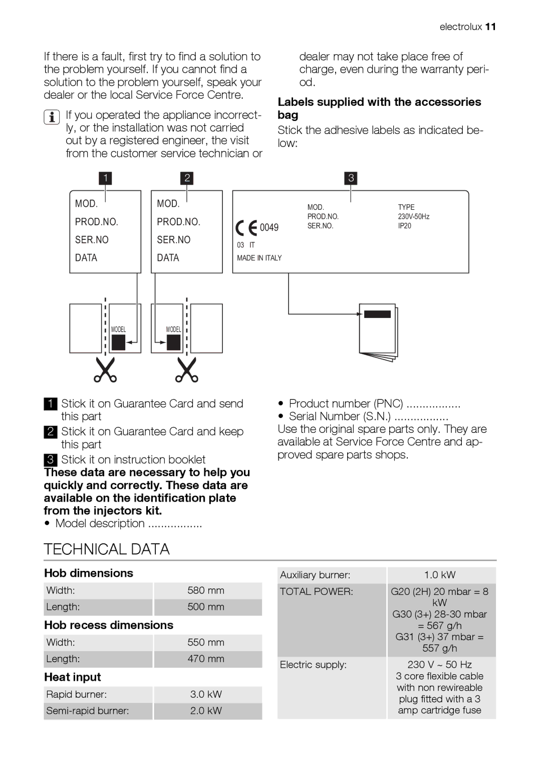 Electrolux EHG60412 Technical Data, Labels supplied with the accessories bag, Hob dimensions, Hob recess dimensions 