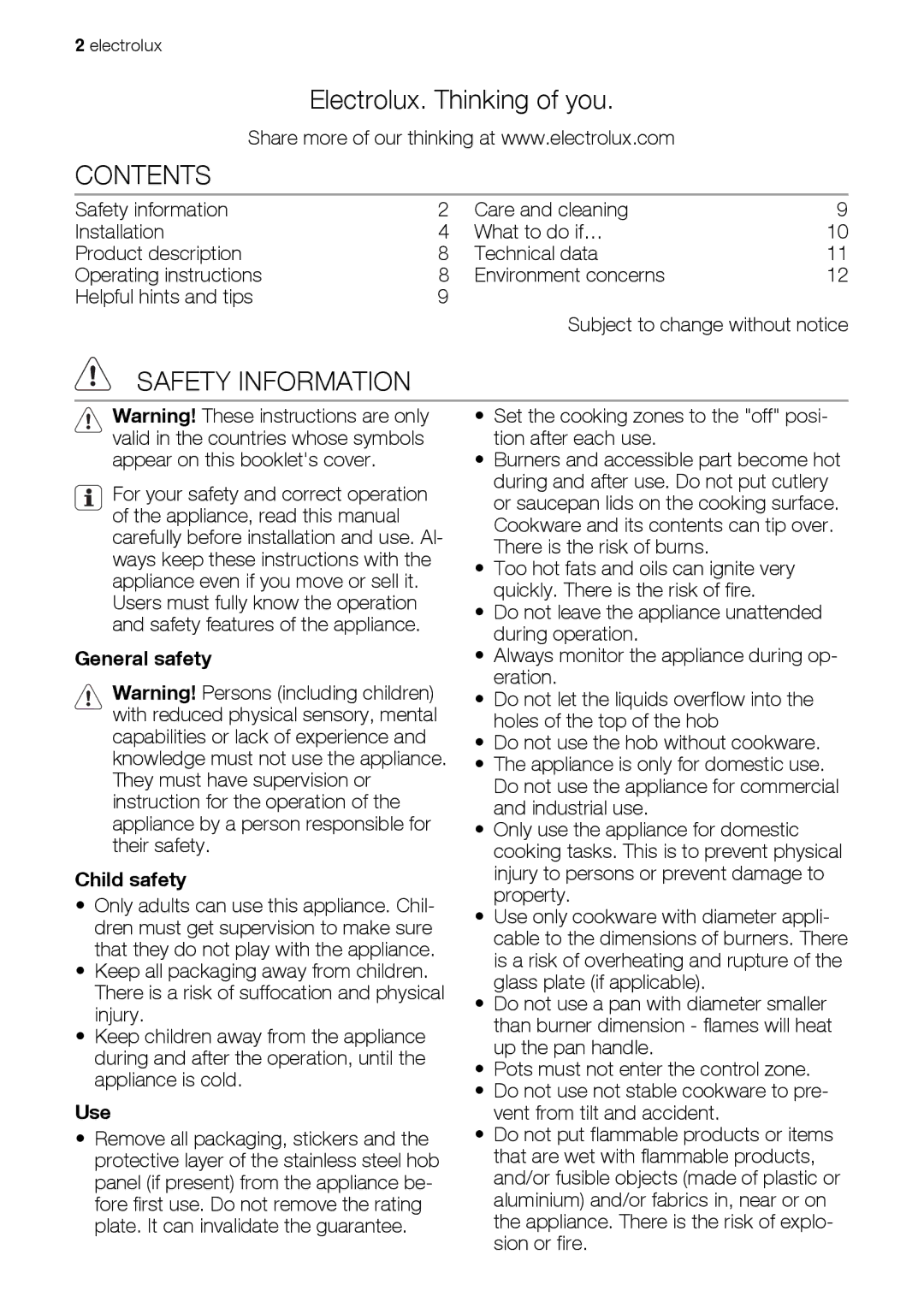 Electrolux EHG60412 user manual Contents, Safety Information 