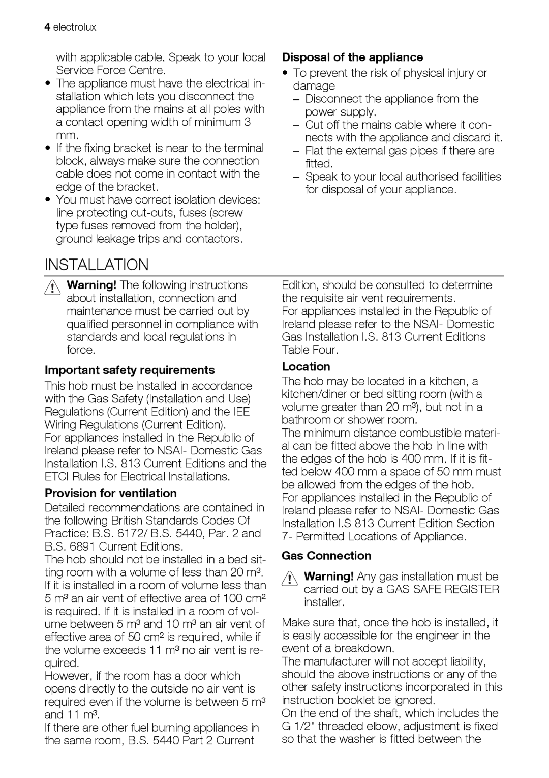 Electrolux EHG60412 user manual Installation 