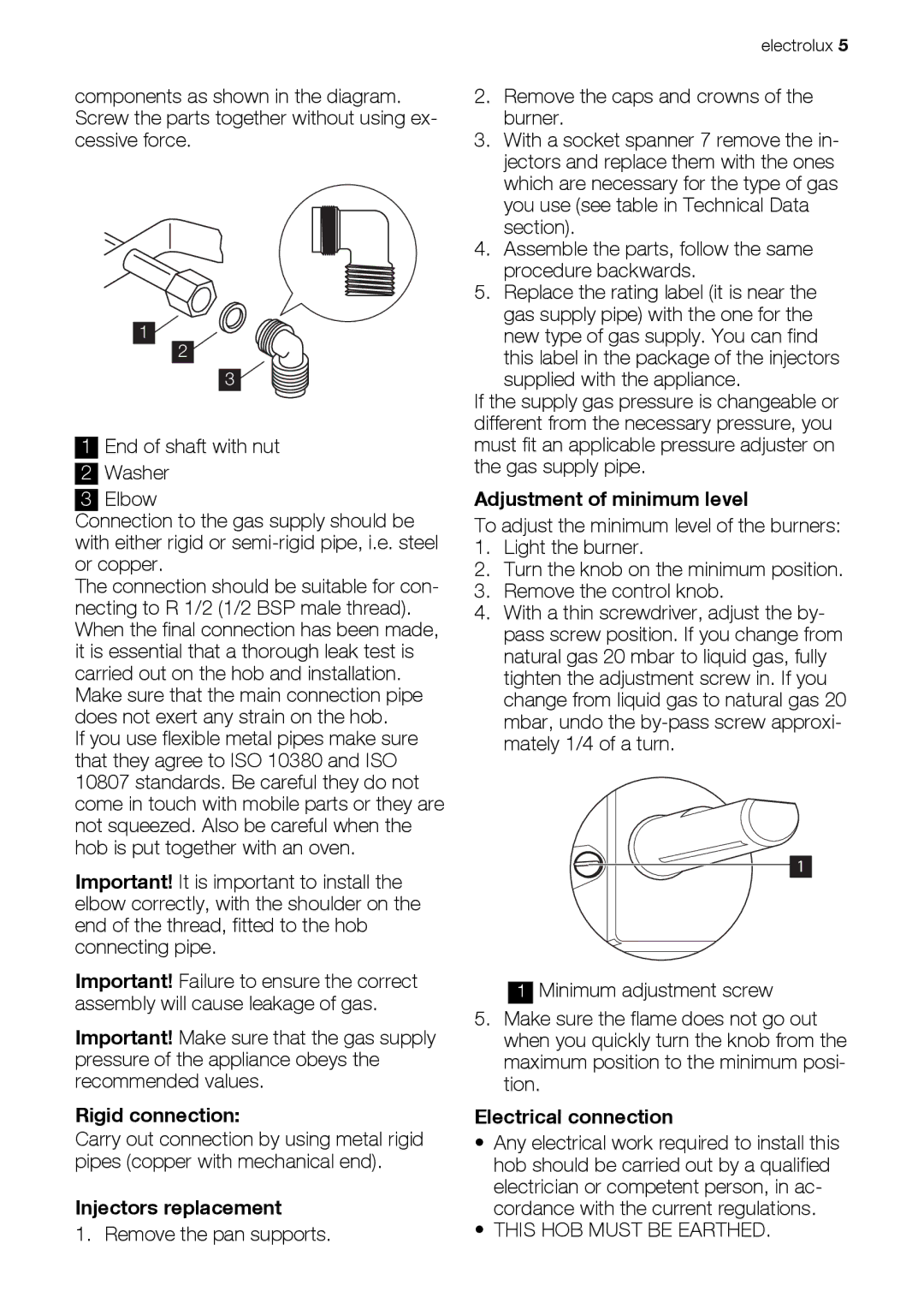 Electrolux EHG60412 user manual Rigid connection, Injectors replacement, Adjustment of minimum level, Electrical connection 