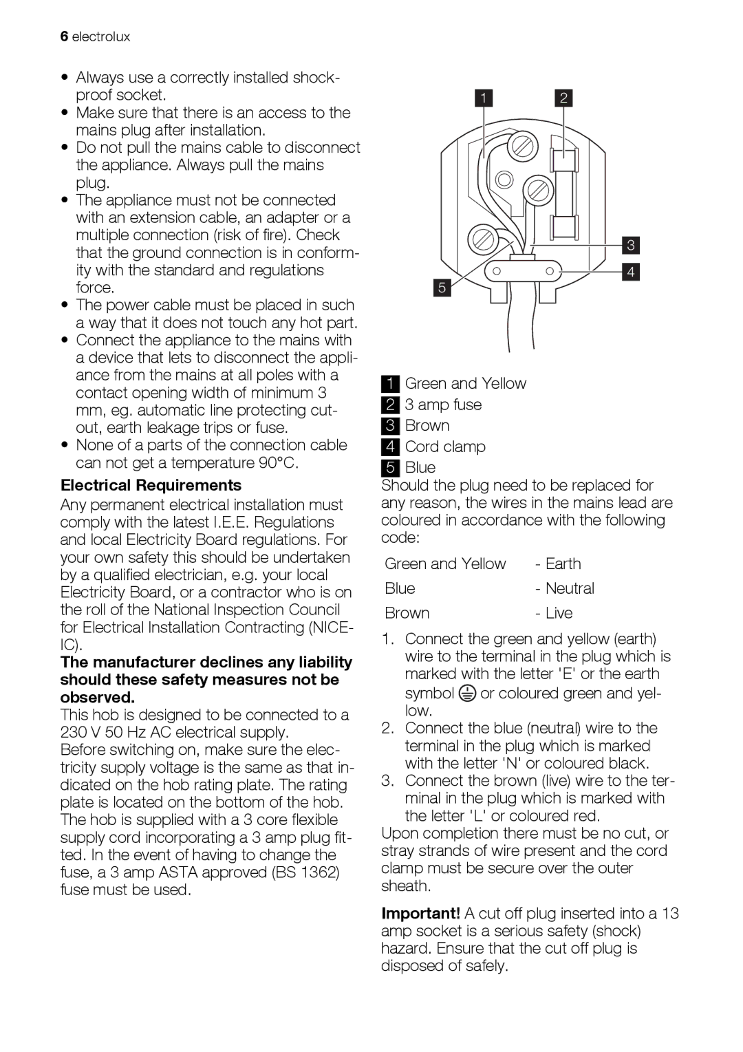 Electrolux EHG60412 user manual Electrical Requirements, Blue- Neutral Brown- Live 