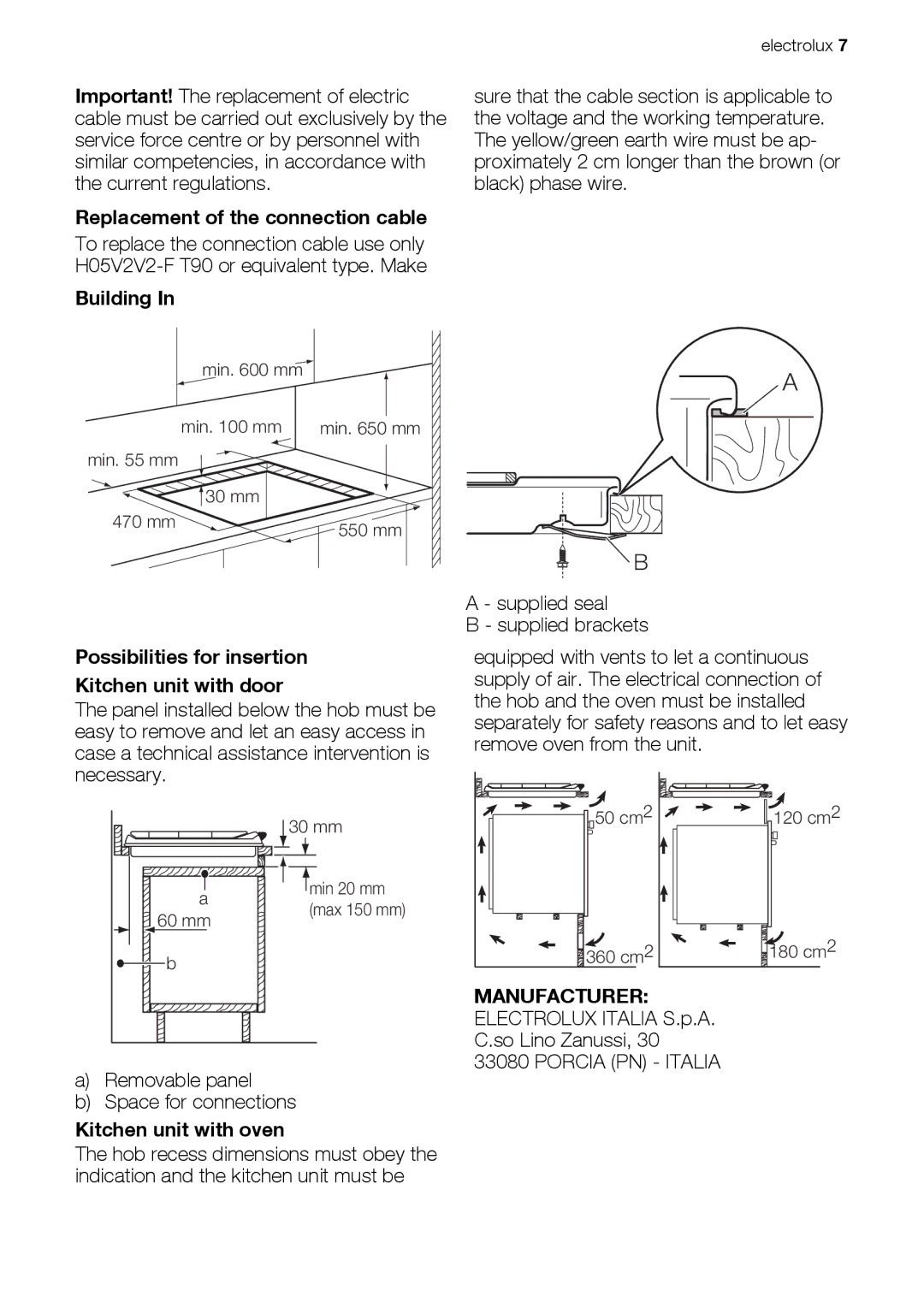 Electrolux EHG60412 Replacement of the connection cable, Building, Possibilities for insertion Kitchen unit with door 