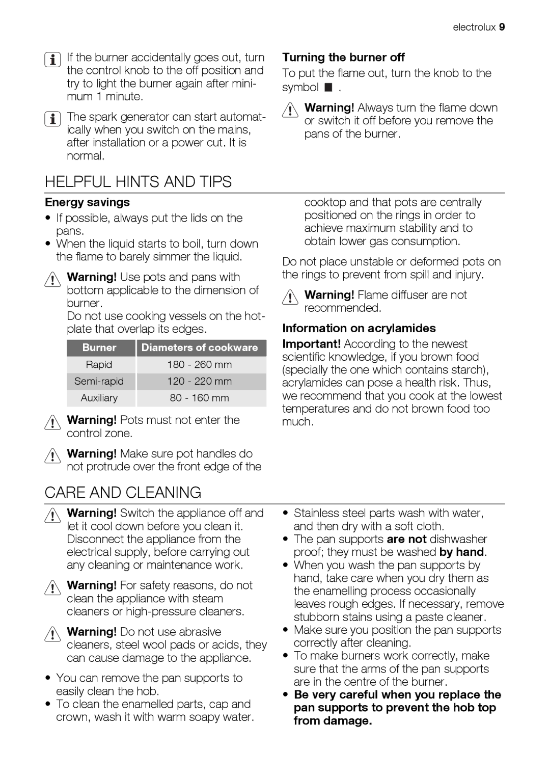 Electrolux EHG60412 user manual Helpful Hints and Tips, Care and Cleaning, Turning the burner off, Energy savings 