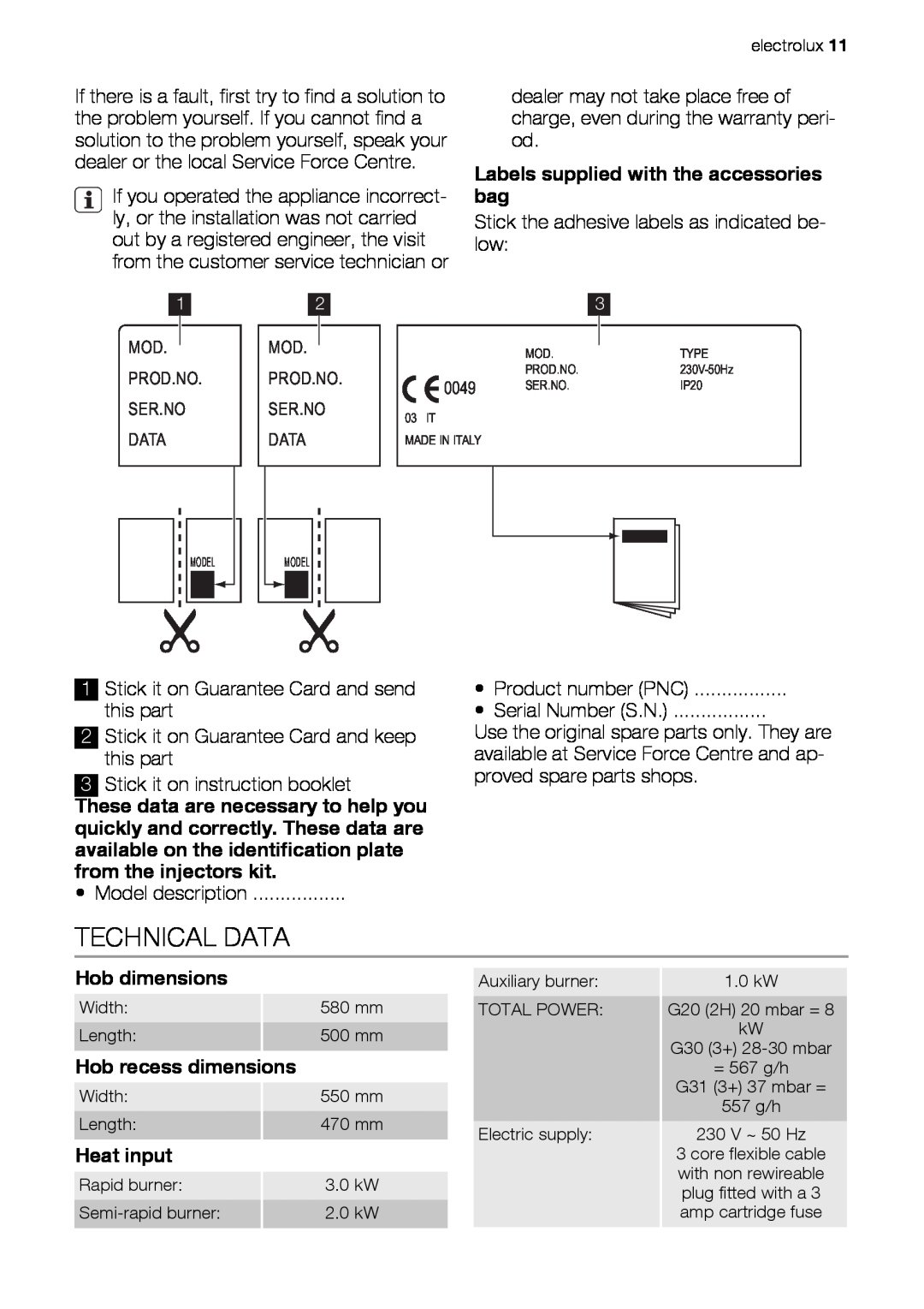 Electrolux EHG60412 Technical Data, Labels supplied with the accessories bag, Hob dimensions, Hob recess dimensions 
