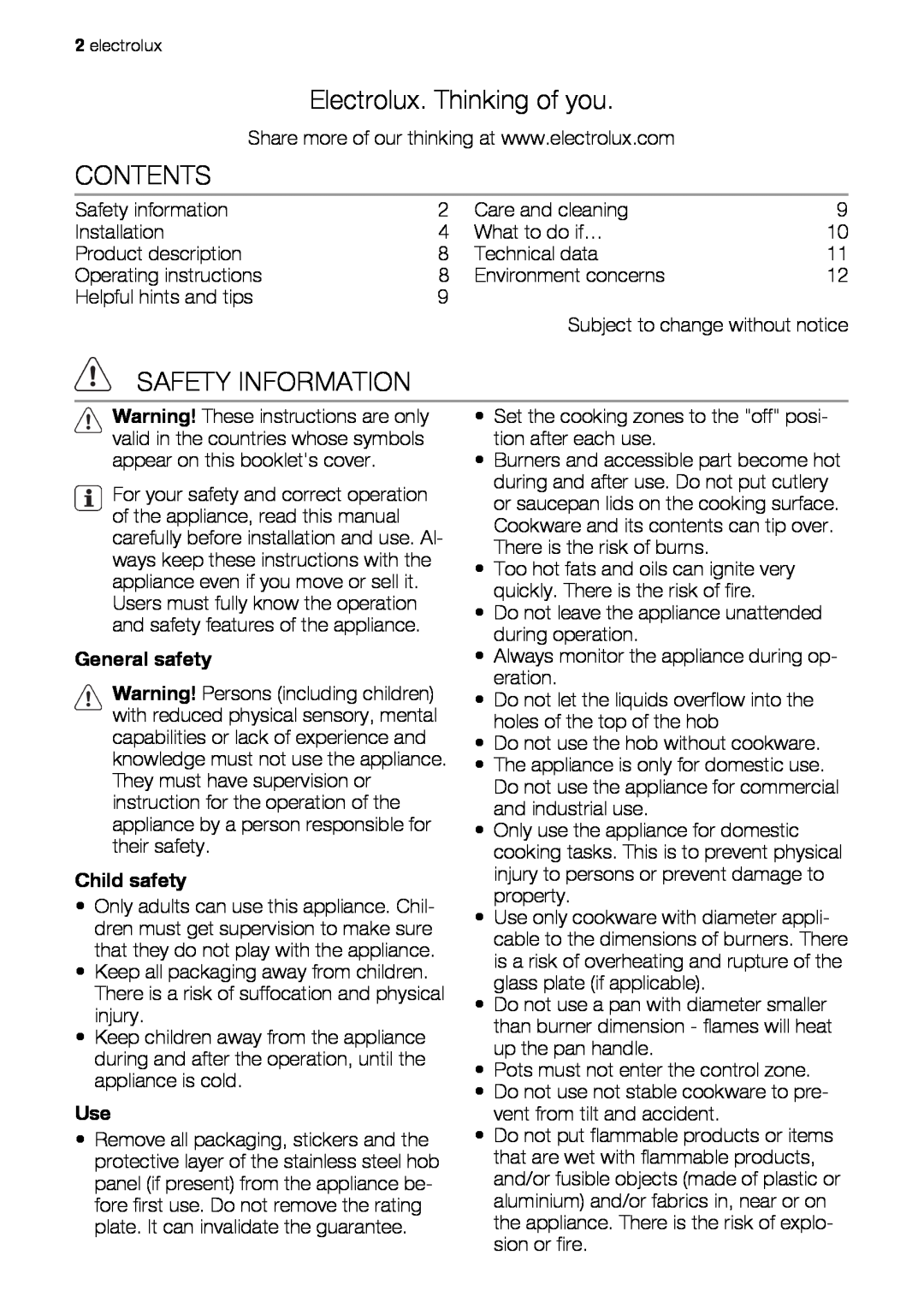 Electrolux EHG60412 user manual Electrolux. Thinking of you, Contents, Safety Information, General safety, Child safety 