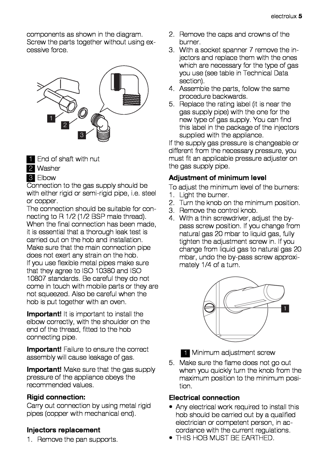 Electrolux EHG60412 user manual Rigid connection, Injectors replacement, Adjustment of minimum level, Electrical connection 