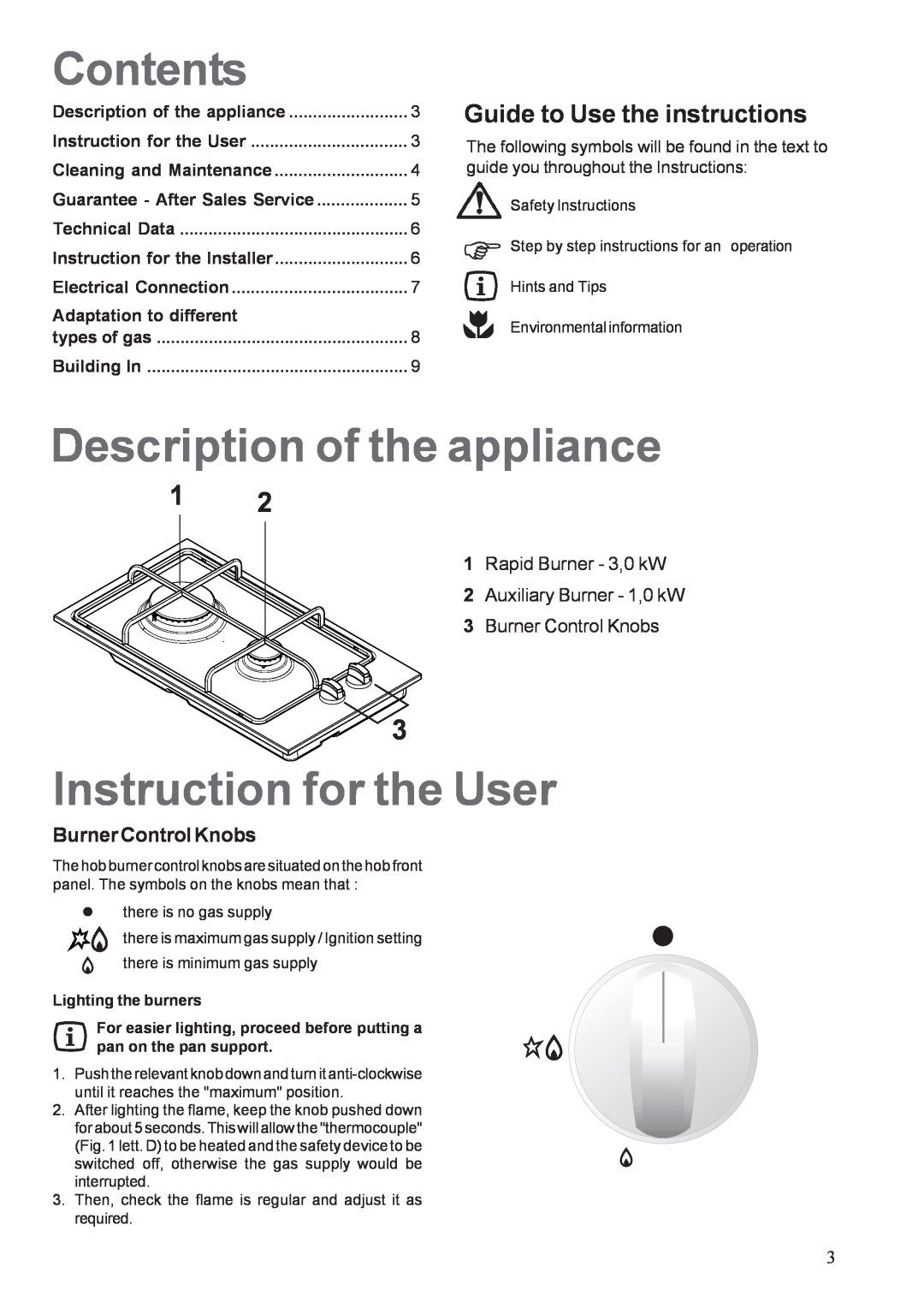 Electrolux EHGT326X manual Contents, Description of the appliance, Instruction for the User, Guide to Use the instructions 