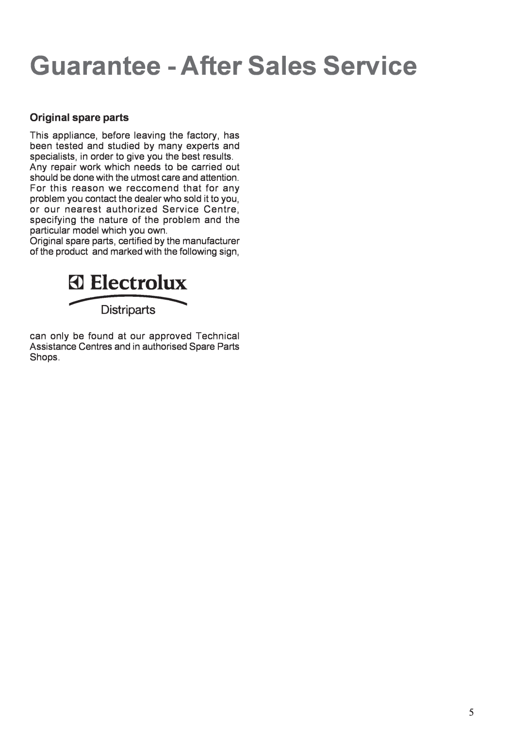 Electrolux EHGT326X manual Guarantee - After Sales Service, Original spare parts 