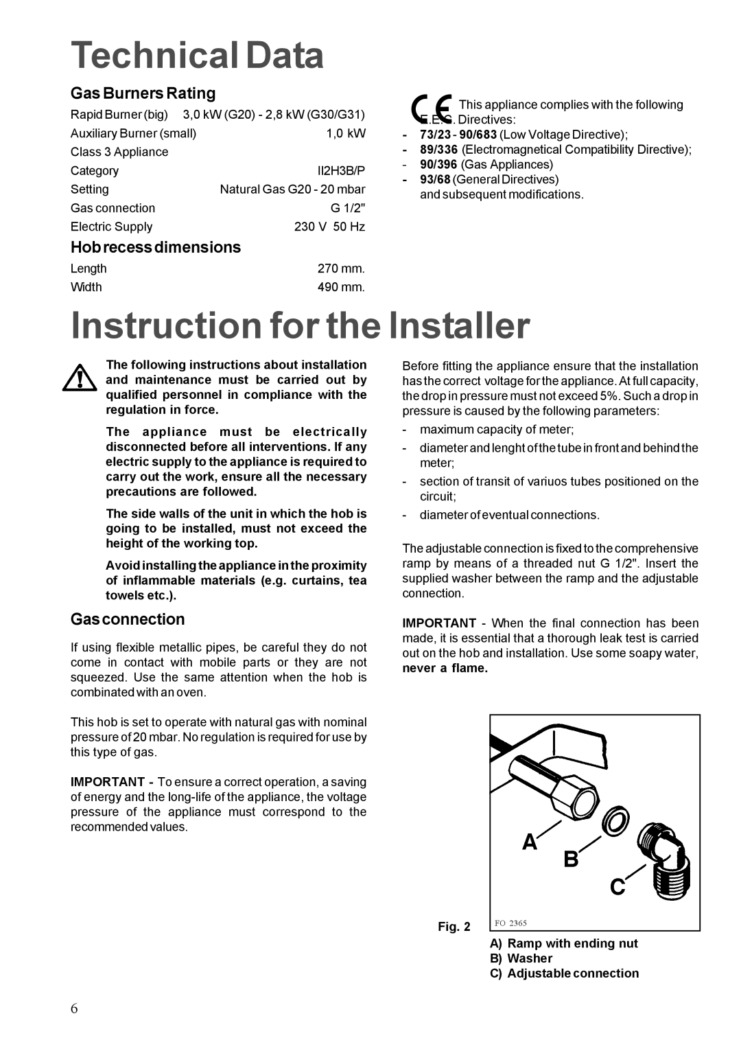 Electrolux EHGT326X Technical Data, Instruction for the Installer, Gas Burners Rating, Hobrecessdimensions, Gasconnection 
