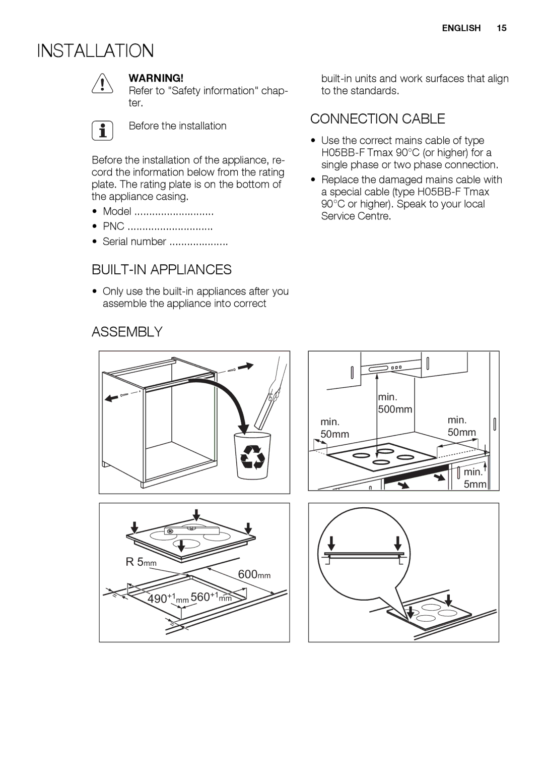 Electrolux EHH6540FOK user manual Installation, Connection Cable, BUILT-IN Appliances, Assembly 