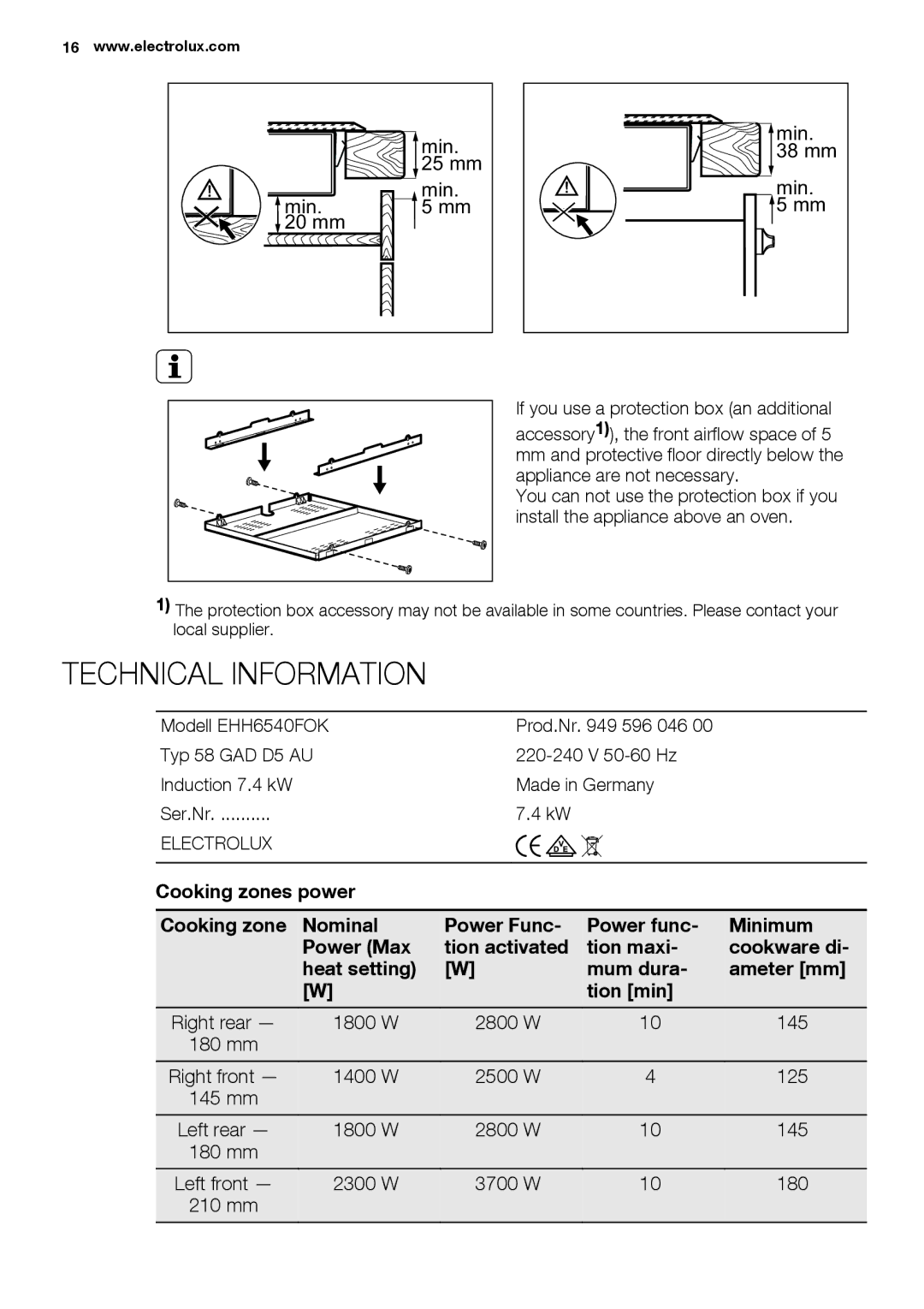 Electrolux EHH6540FOK user manual Technical Information, Tion activated 