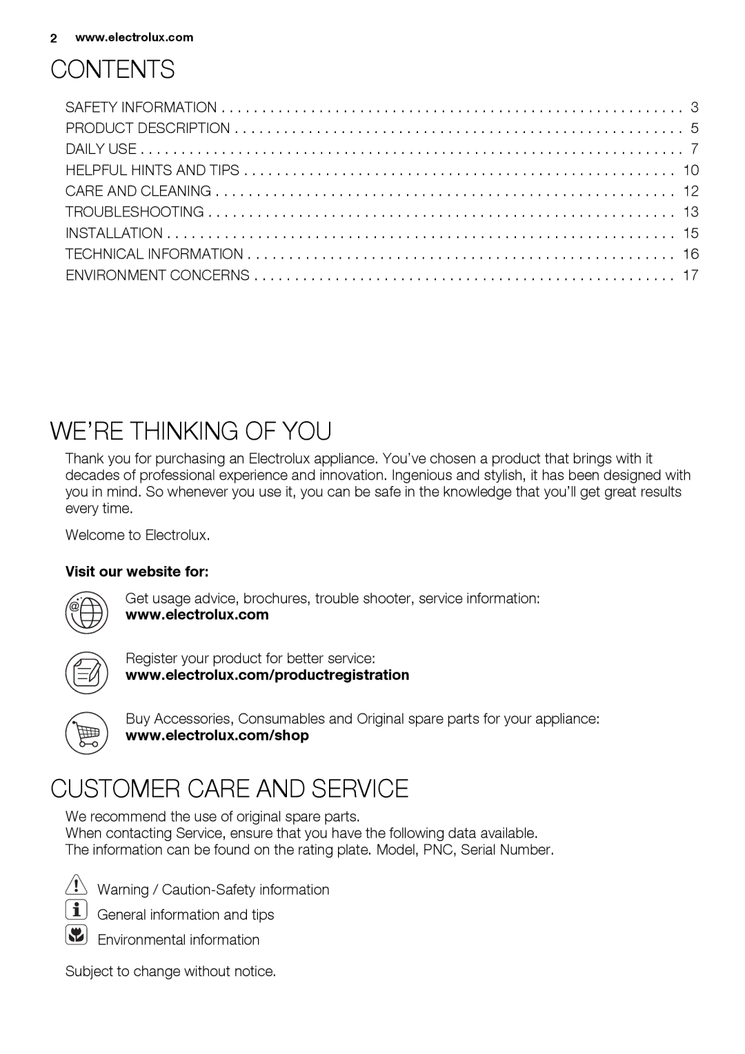 Electrolux EHH6540FOK user manual Contents, WE’RE Thinking of YOU, Customer Care and Service 