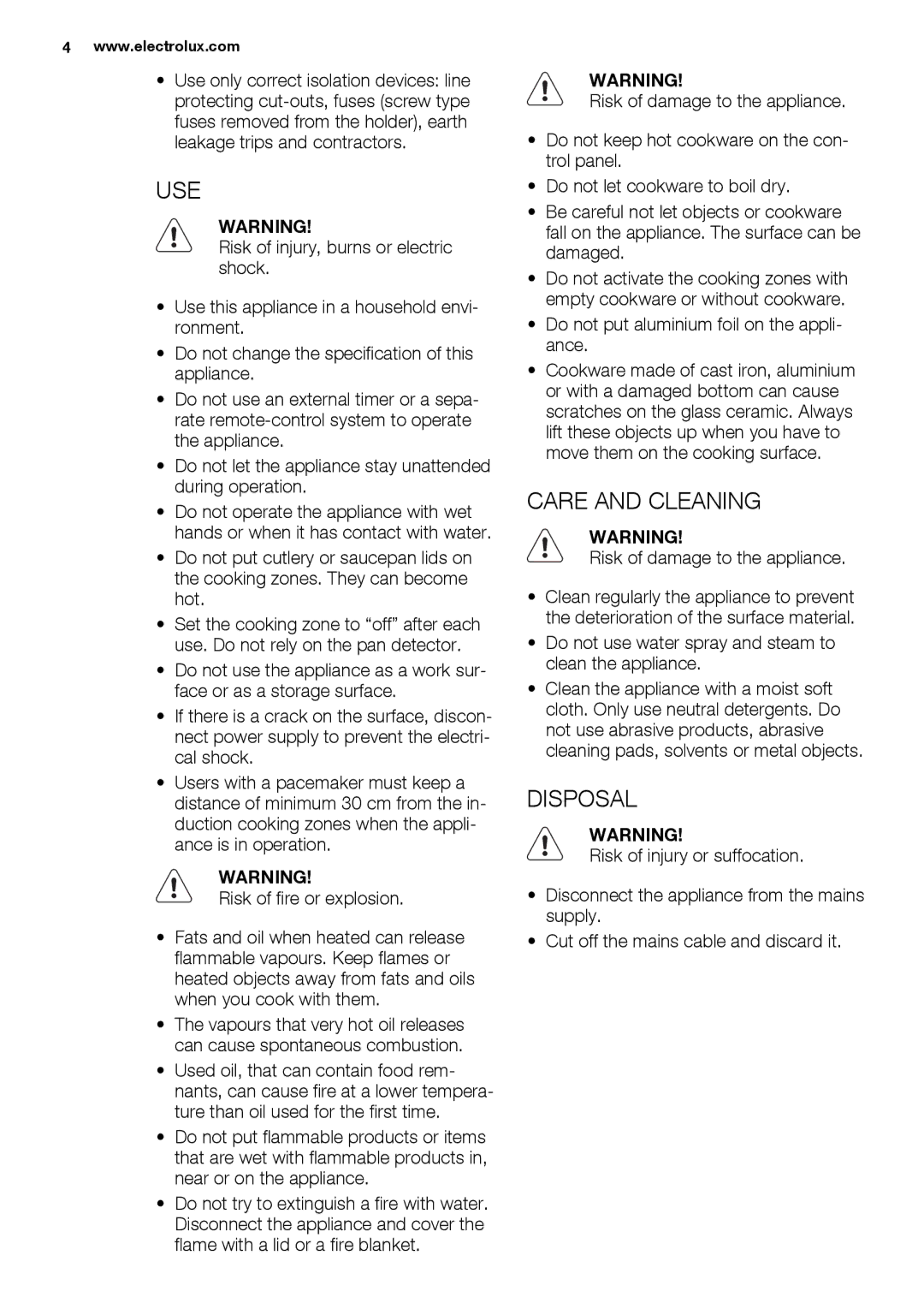 Electrolux EHH6540FOK user manual Use, Care and Cleaning, Disposal 