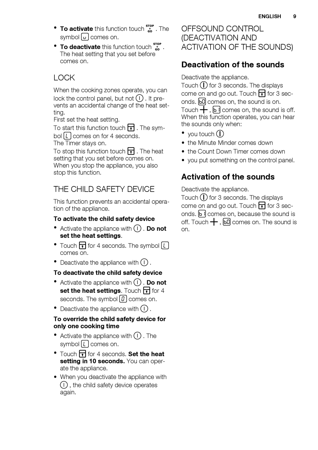 Electrolux EHH6540FOK Lock, Child Safety Device, Offsound Control, Deactivation of the sounds, Activation of the sounds 