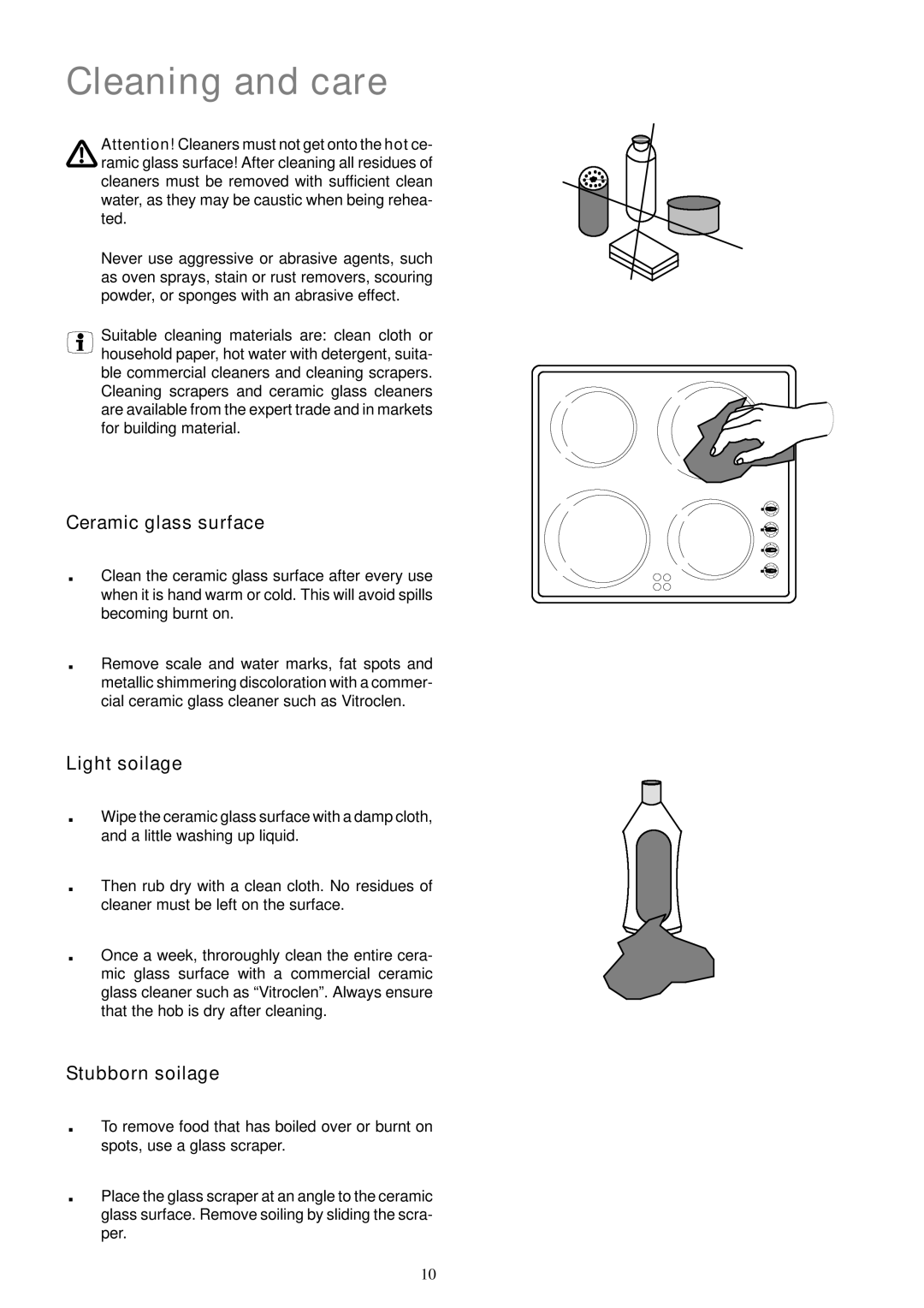 Electrolux EHO 602 K manual Cleaning and care, Ceramic glass surface, Light soilage, Stubborn soilage 