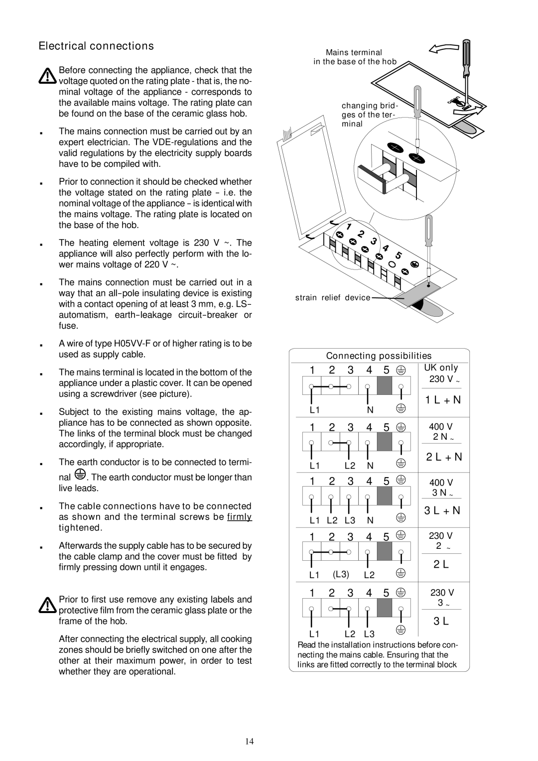 Electrolux EHO 602 K manual Electrical connections, + N, Connecting possibilities UK only 230 V ~, 400 