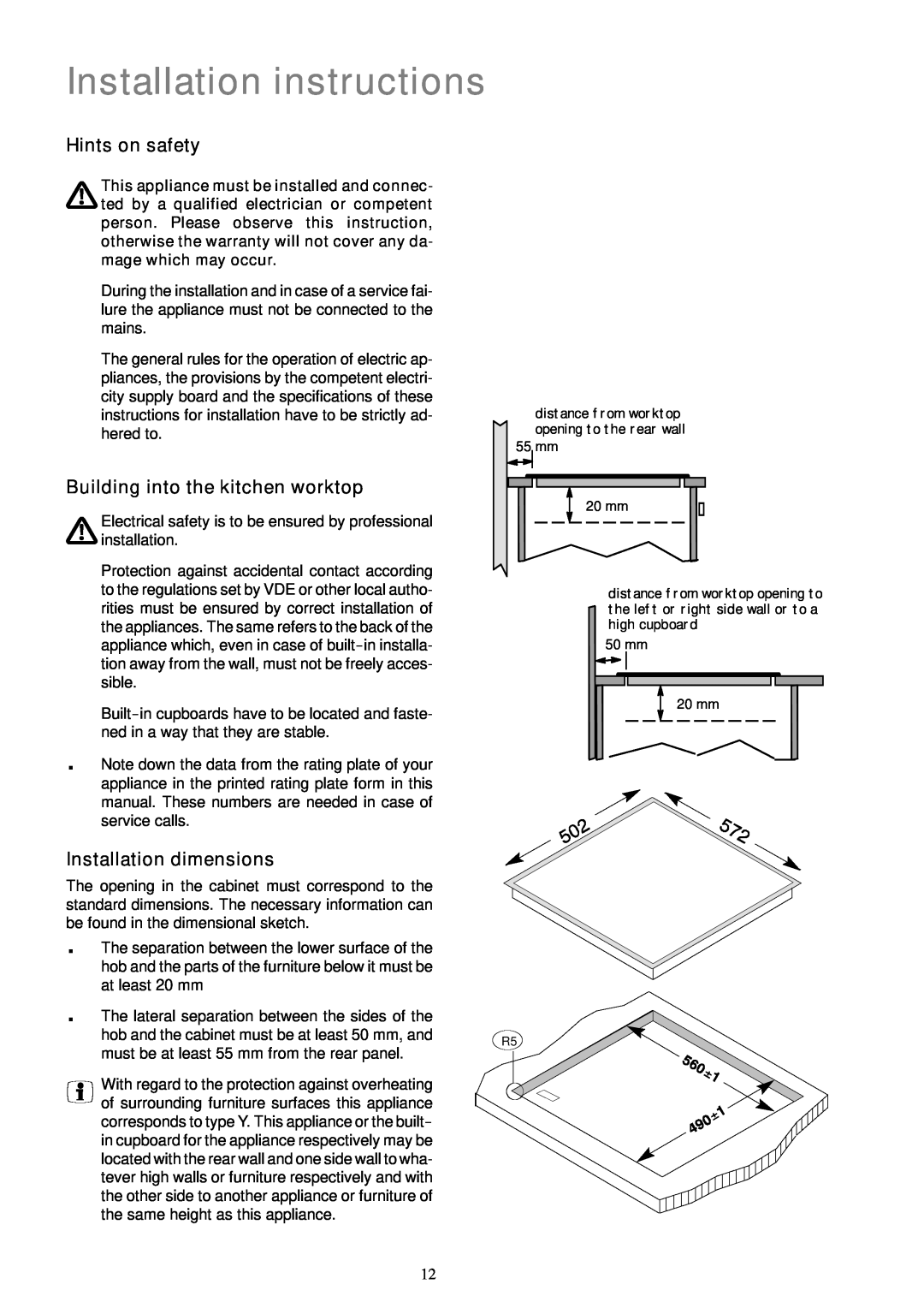 Electrolux EHO 602 K manual Installation instructions, Hints on safety, Building into the kitchen worktop 