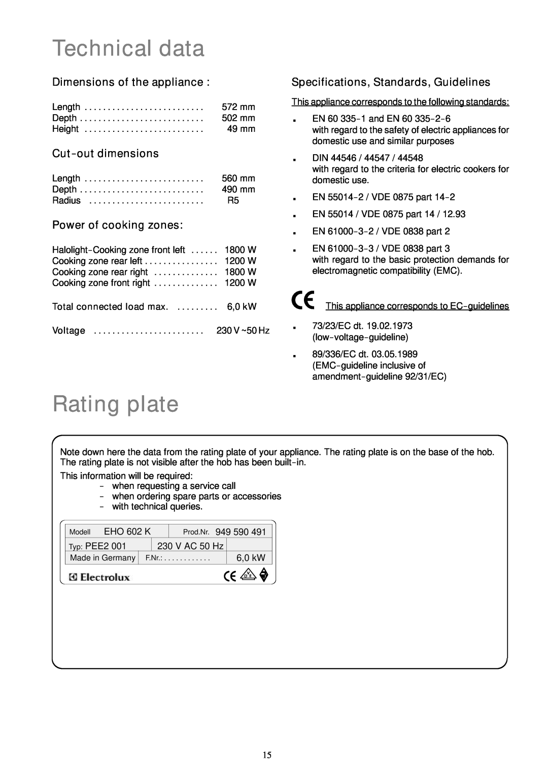 Electrolux EHO 602 K Technical data, Rating plate, Dimensions of the appliance, Cut-out dimensions, Power of cooking zones 