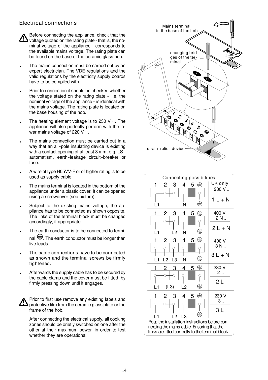 Electrolux EHO 603 K manual Electrical connections, + N, Connecting possibilities UK only 230 V ~, 400 