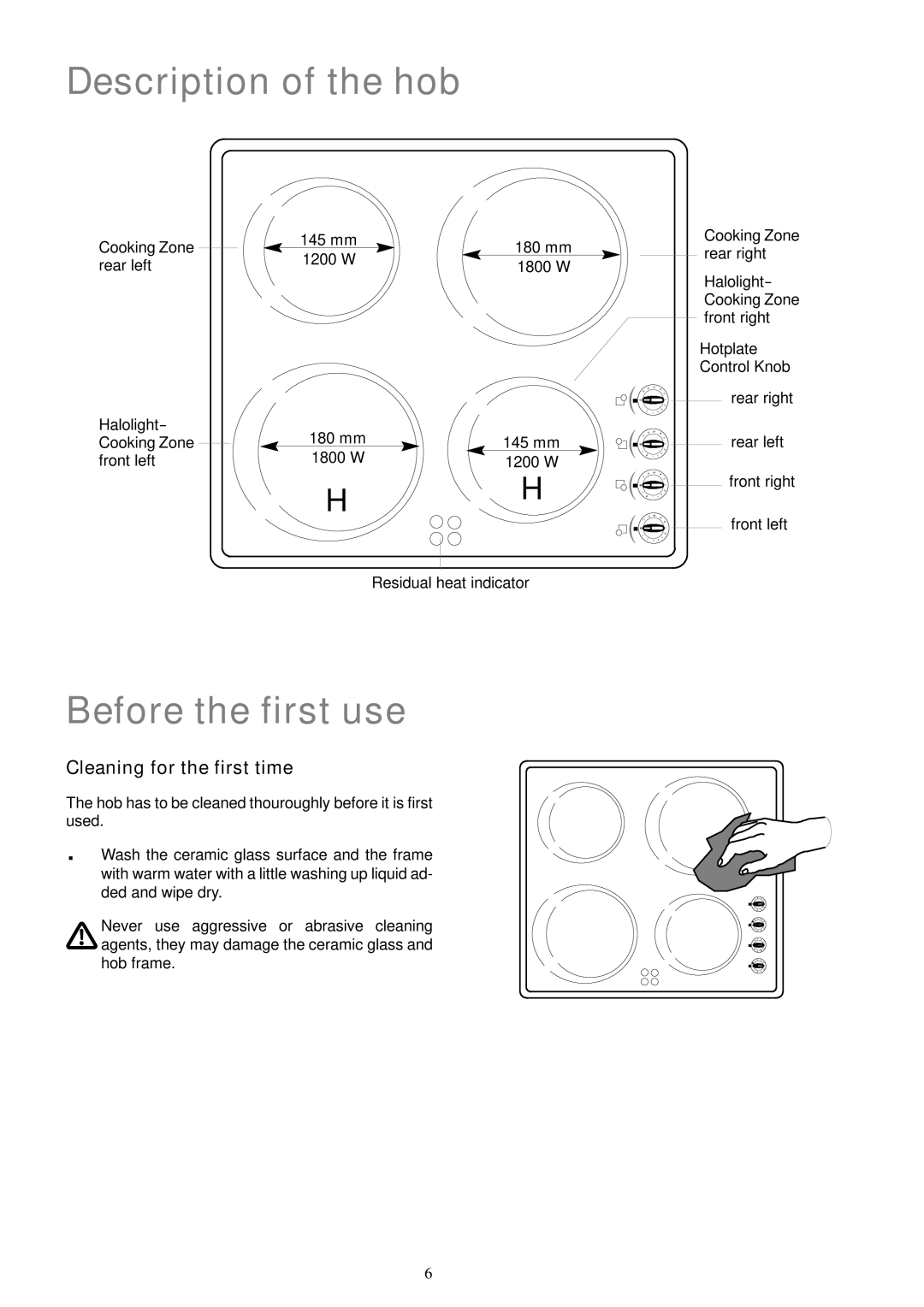 Electrolux EHO 603 K manual Description of the hob, Before the first use, Cleaning for the first time 