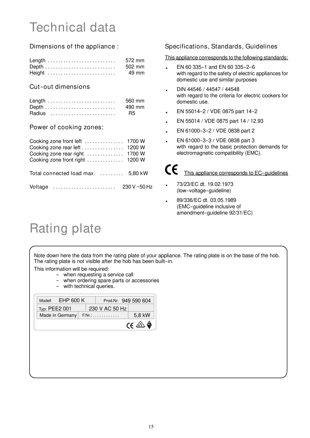 Electrolux EHP 600 K manual Technical data, Rating plate 