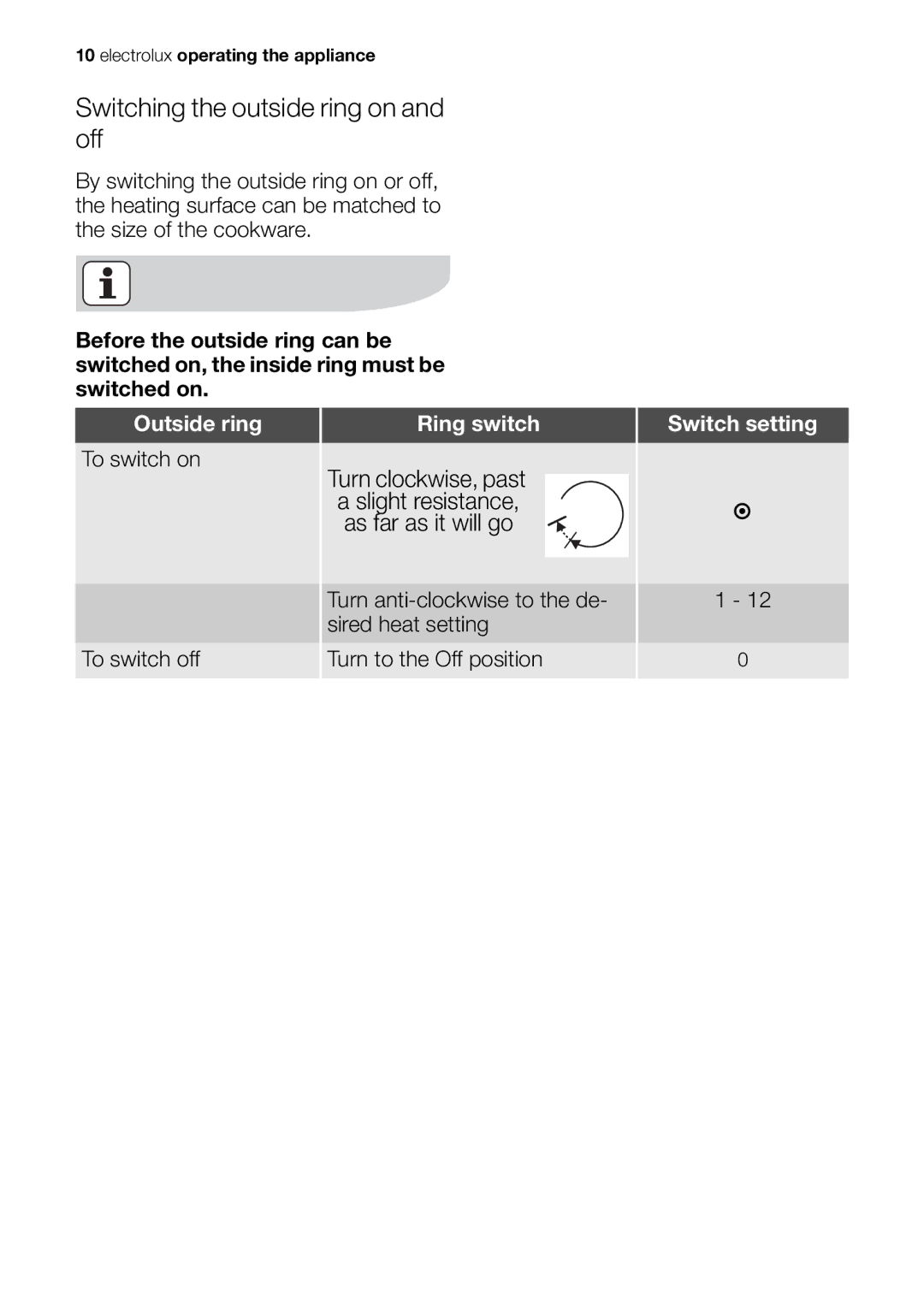 Electrolux EHP 60060 X user manual Switching the outside ring on and off, Slight resistance As far as it will go 