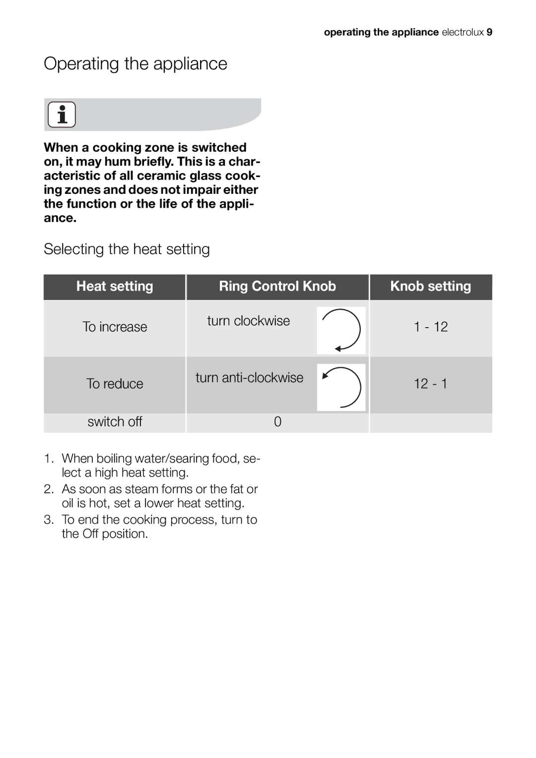 Electrolux EHP 60060 X user manual Operating the appliance, Selecting the heat setting 