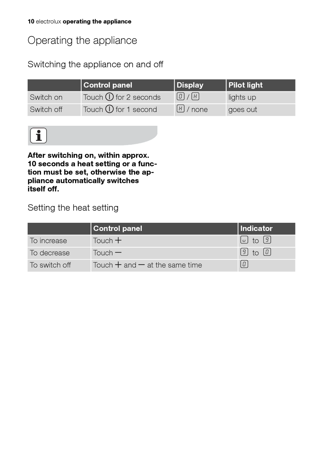 Electrolux EHS 36020 U user manual Operating the appliance, Switching the appliance on and off, Setting the heat setting 