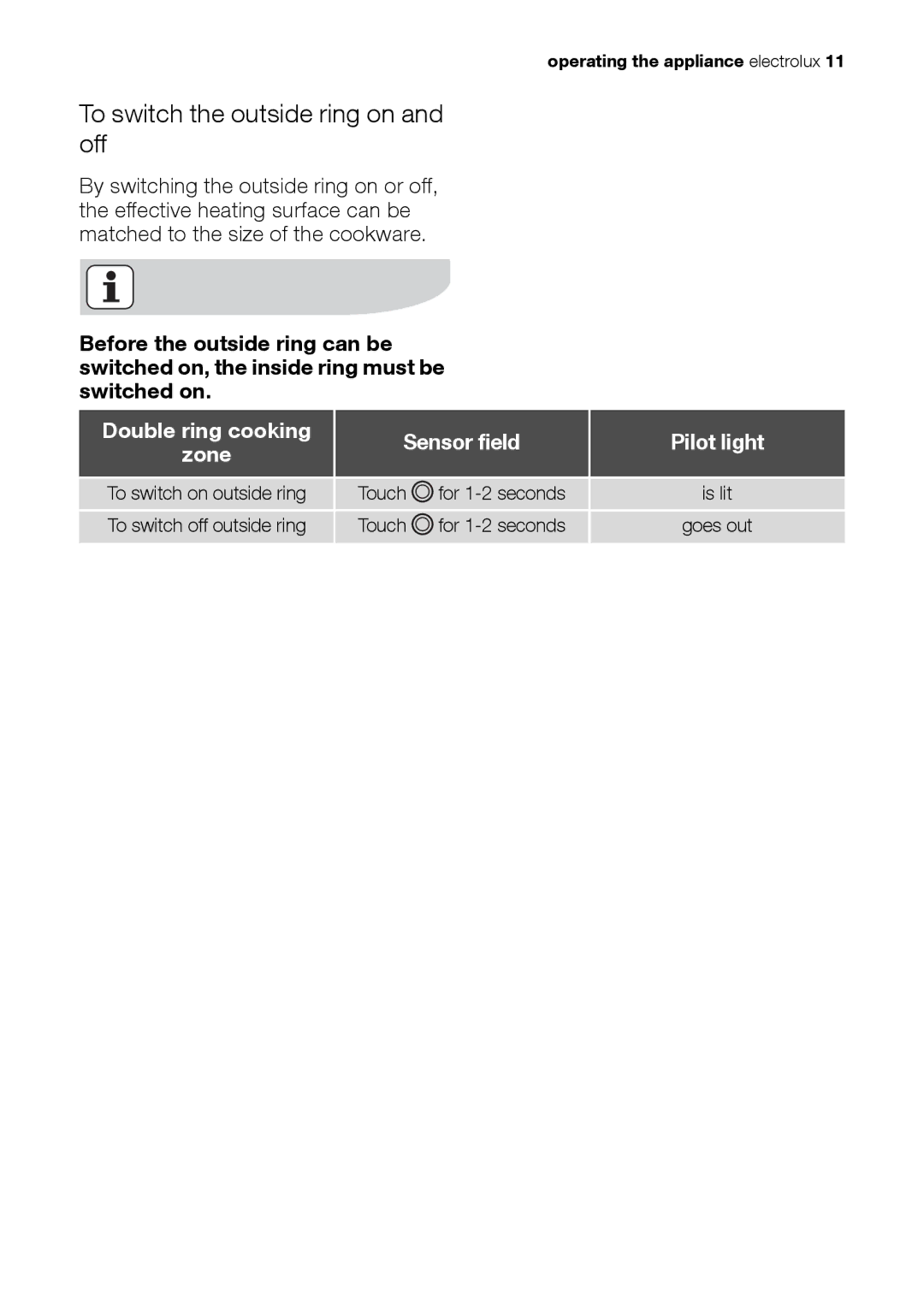 Electrolux EHS 36020 U user manual To switch the outside ring on and off, Double ring cooking Sensor field Pilot light 